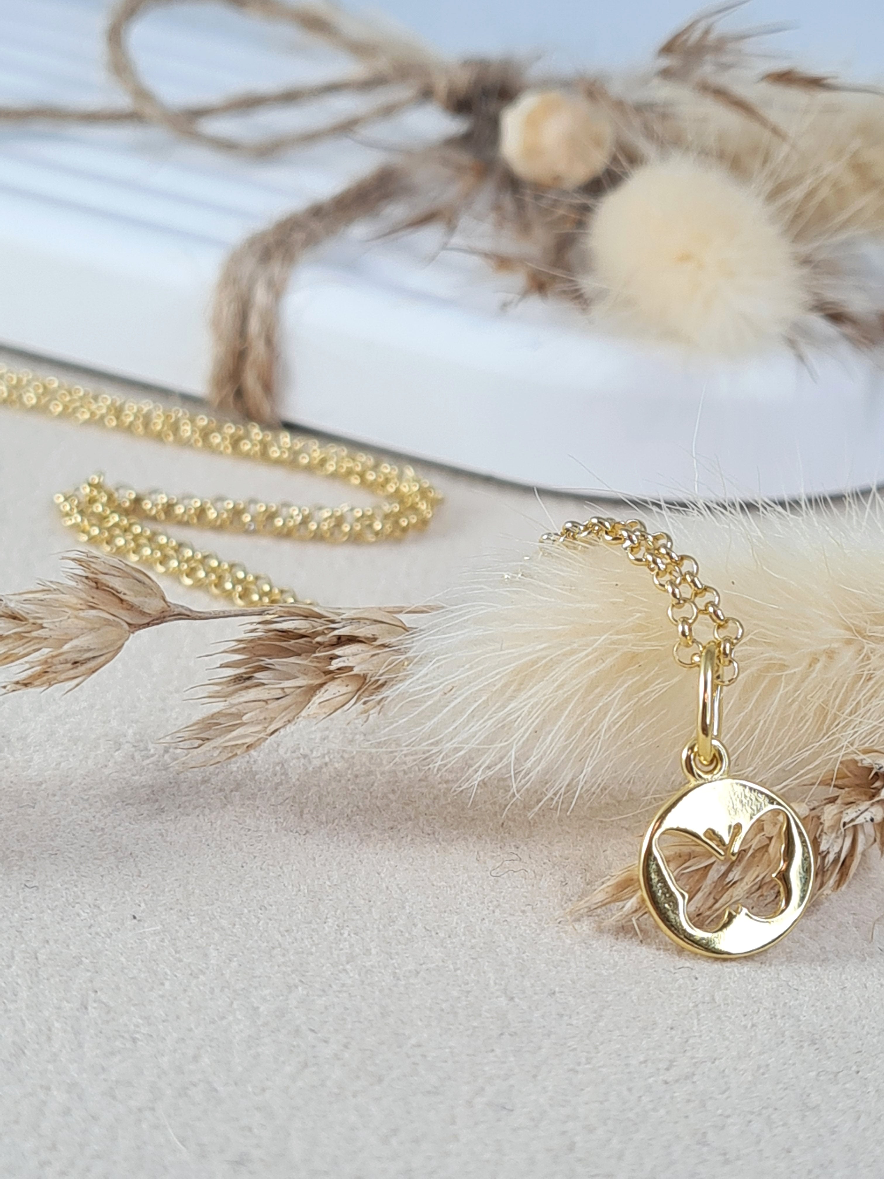 Mädchen Halskette Silber 925 vergoldet mit rundem Schmetterling Anhänger (KHS 13) - Kinderschmuck