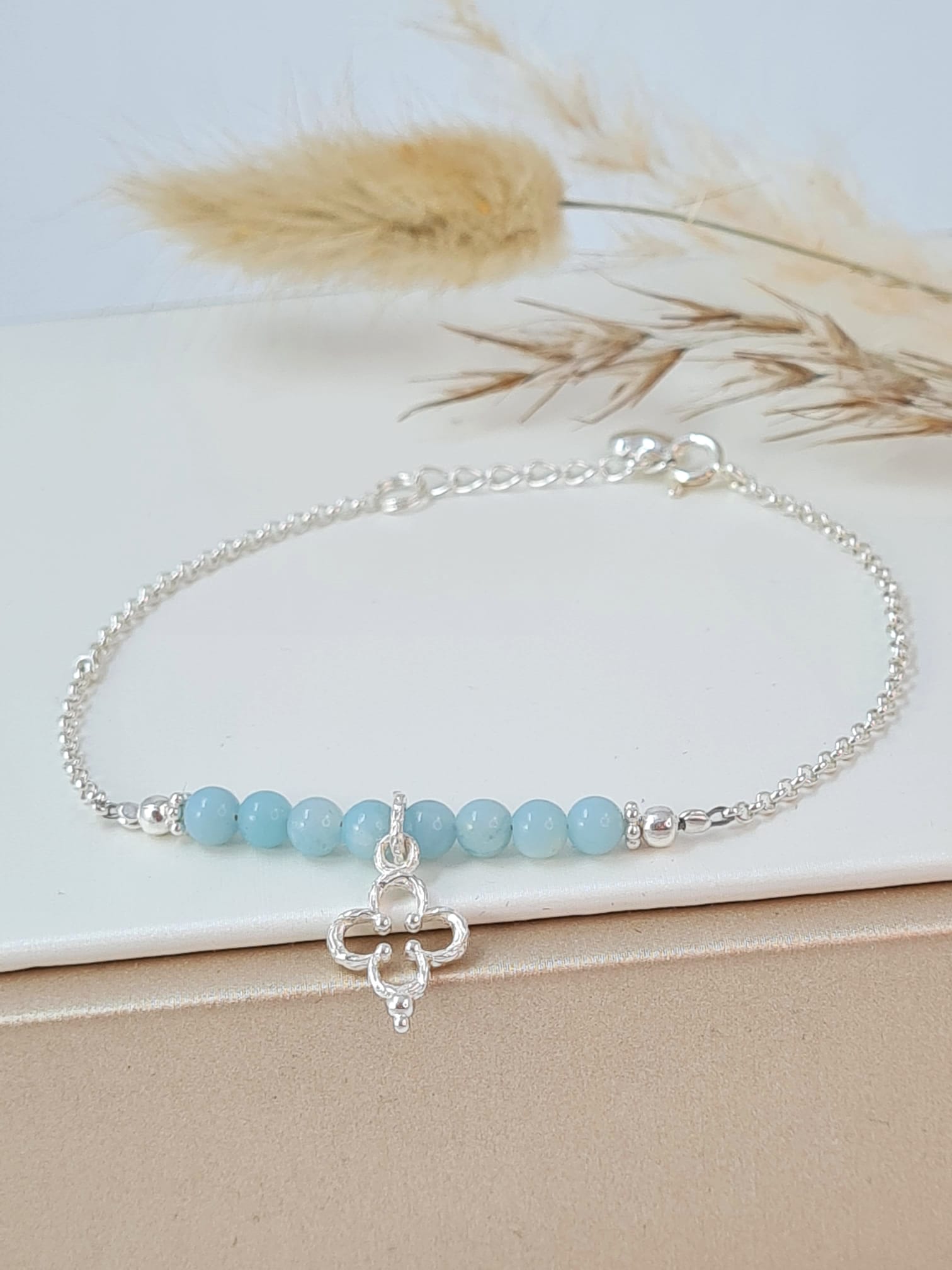 Silber Armkette mit Amazonit und Blumen Anhänger (DAB 192)