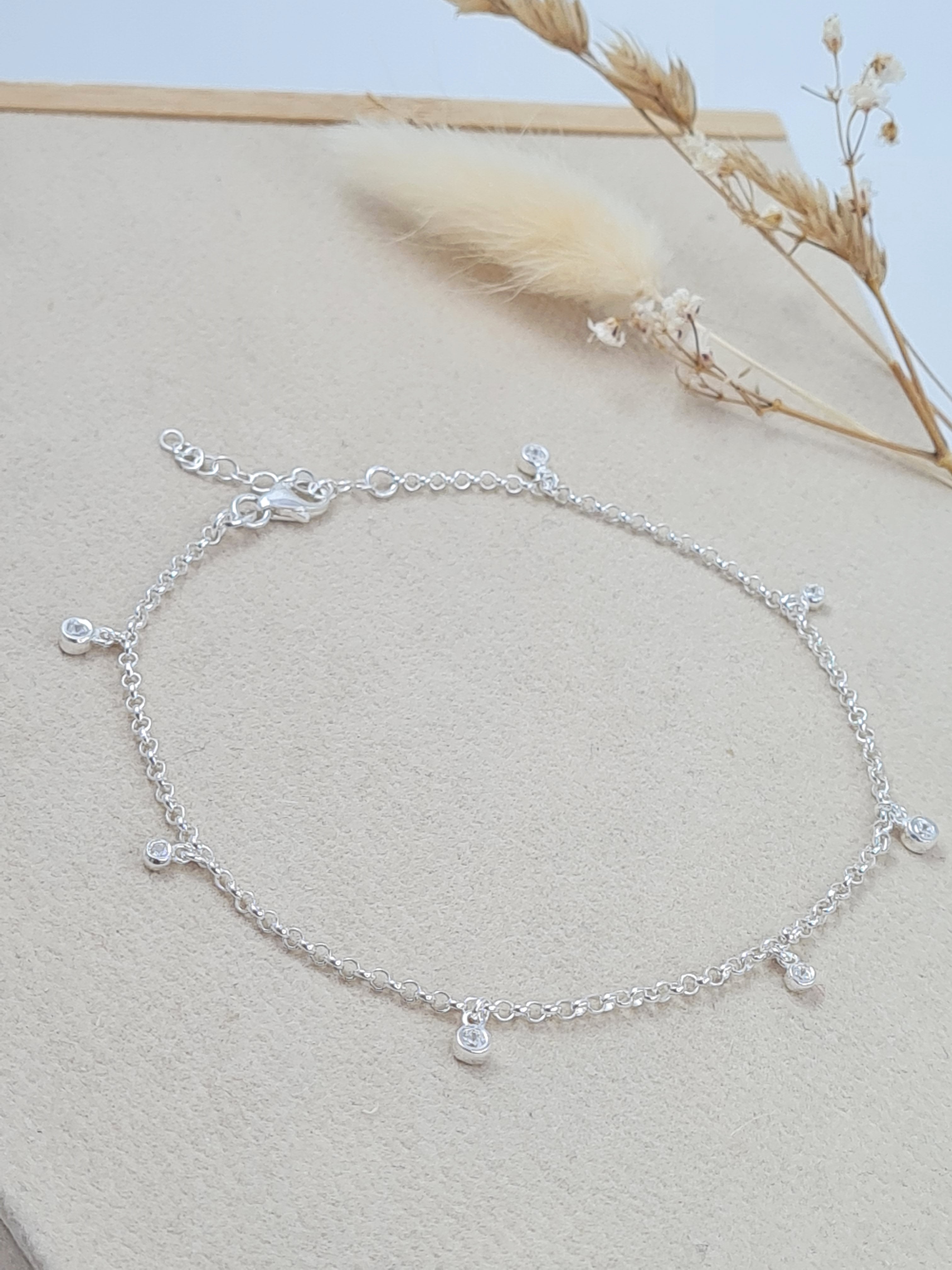 Edle Fußkette 925 Silber mit Zirkonia | Verstellbar 25 cm