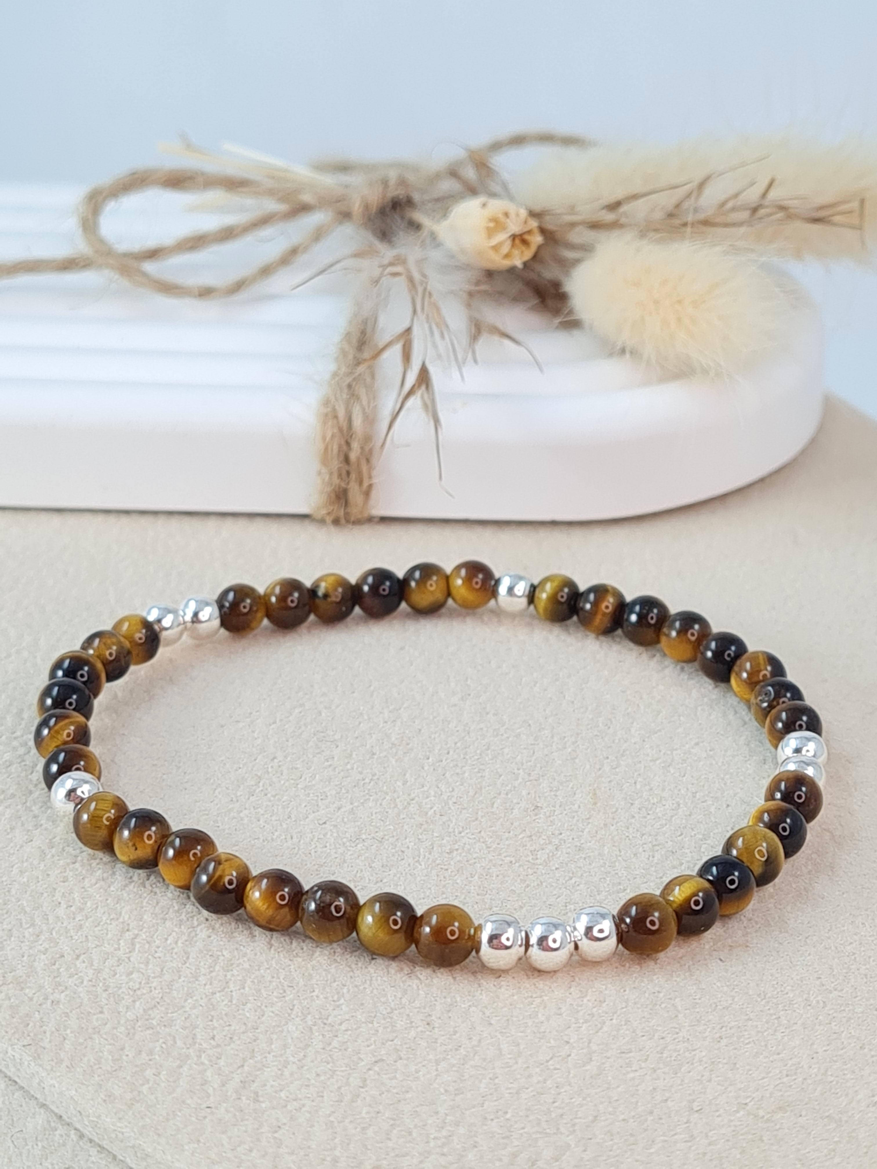 Damen Tigerauge Armband 4 mm mit 925 Silber-Perlen | Elastisch * (DAB 294)