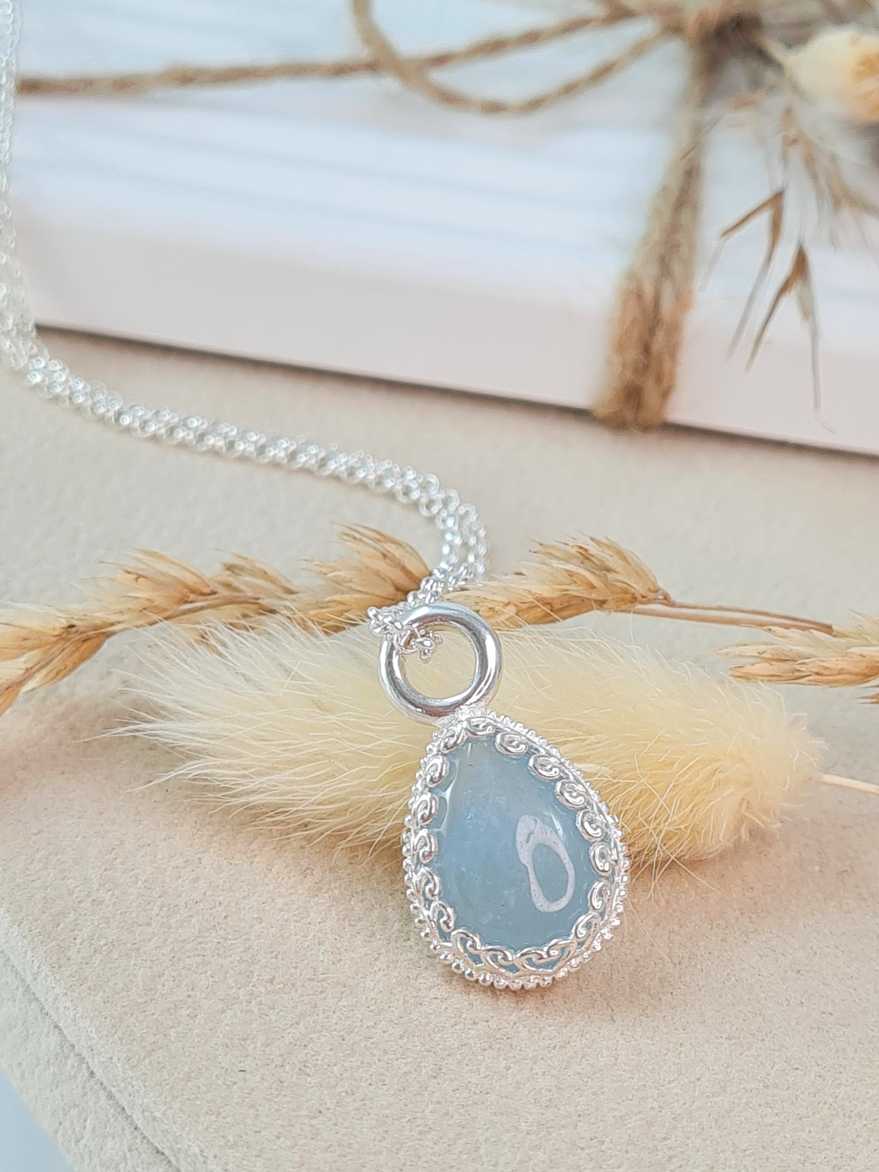 Silberkette 925 mit Aquamarin Anhänger Tropfen | 45 cm ( DHS 118)