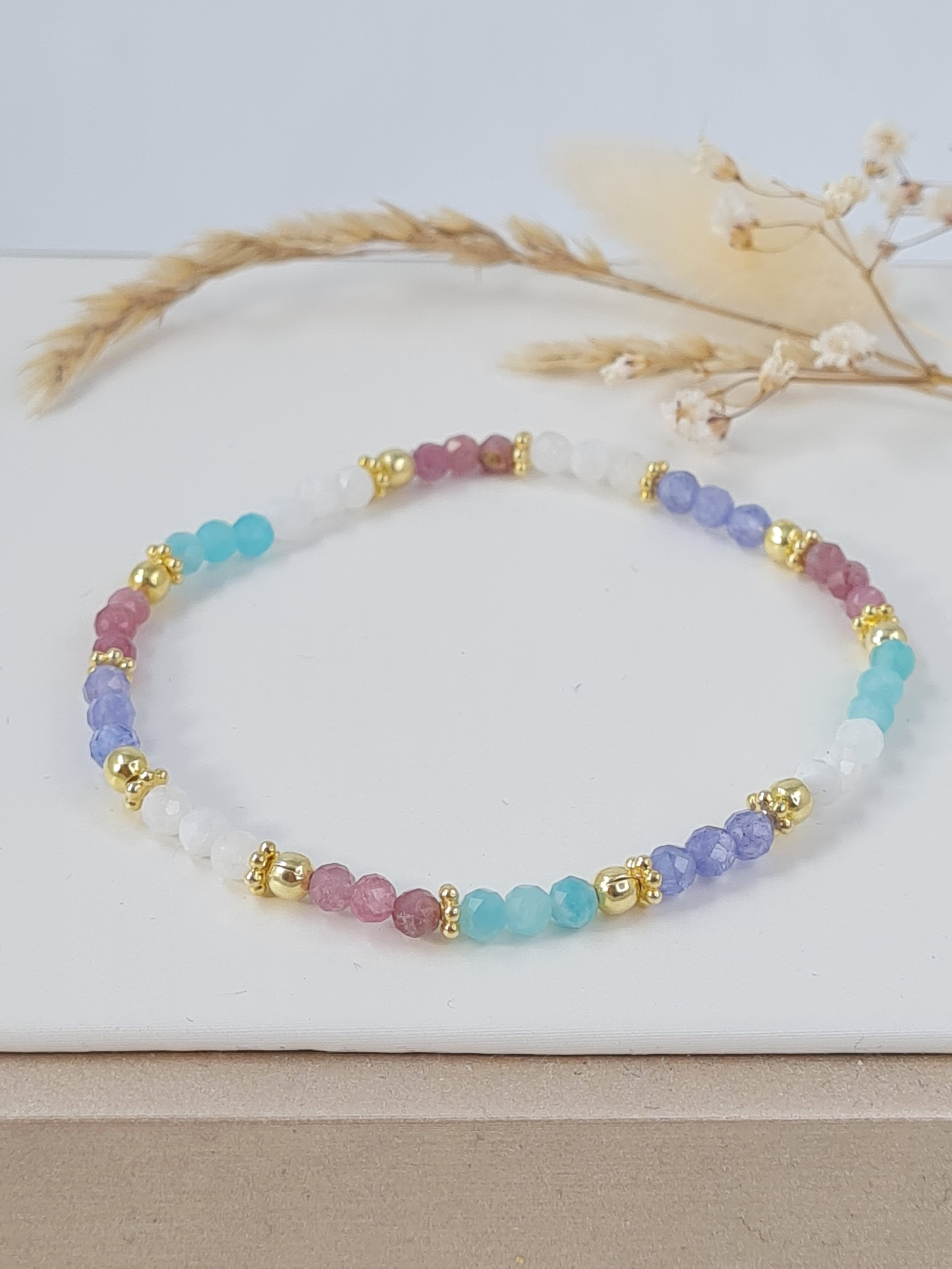 Edelstein-Armband aus Amazonit, Mondstein, Pink Opal & vergoldetes Silber *