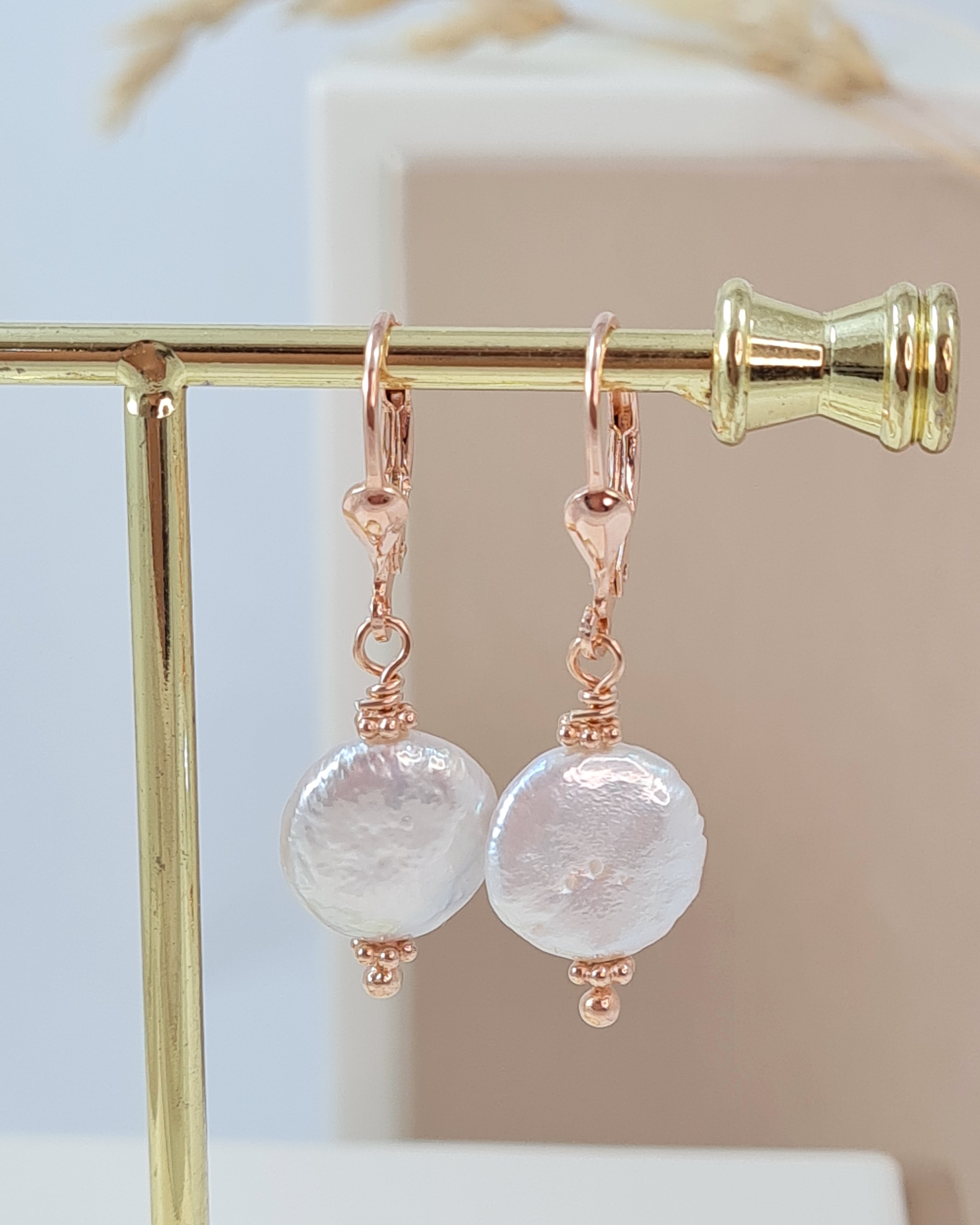 Rosé vergoldete Perlen-Ohrringe 925 Silber | Coin Süßwasserperlen * (DOS 160)