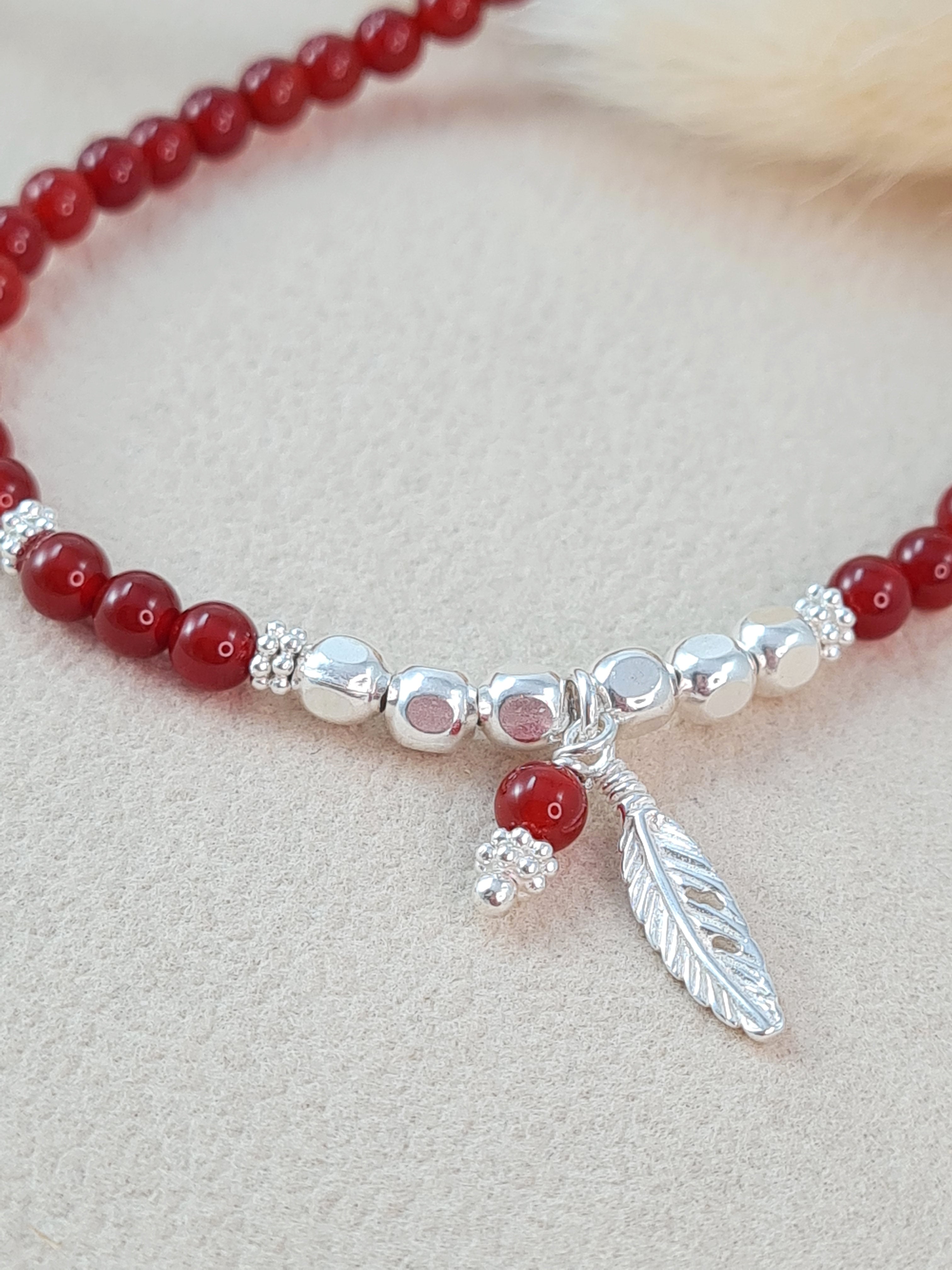 Karneol Armband Damen – 4 mm Edelstein & Silber Anhänger * (DAB 249)