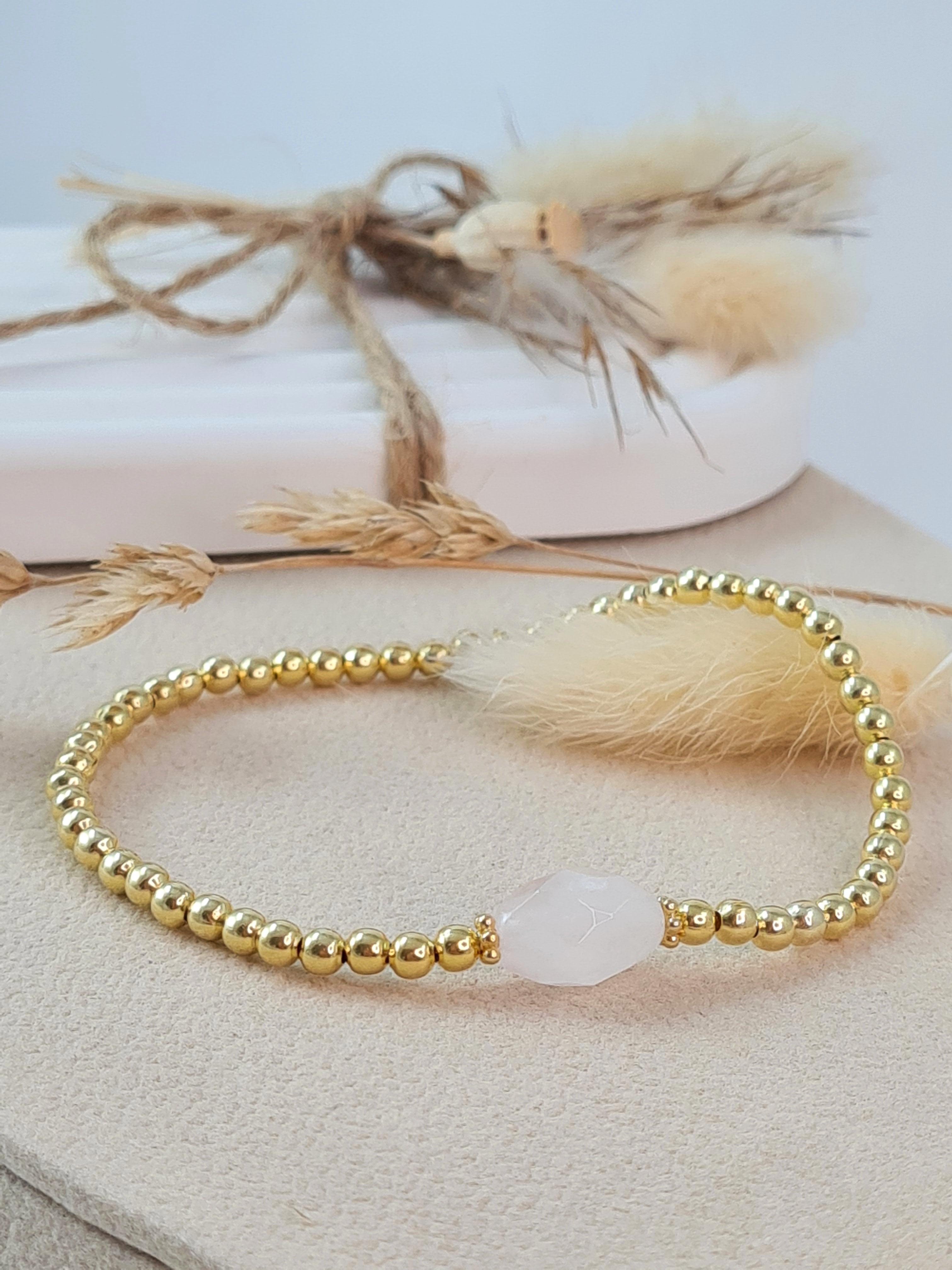 Vergoldetes Goldkügelchen-Armband mit ovalem facettiertem Rosenquarz * (DAB 269)