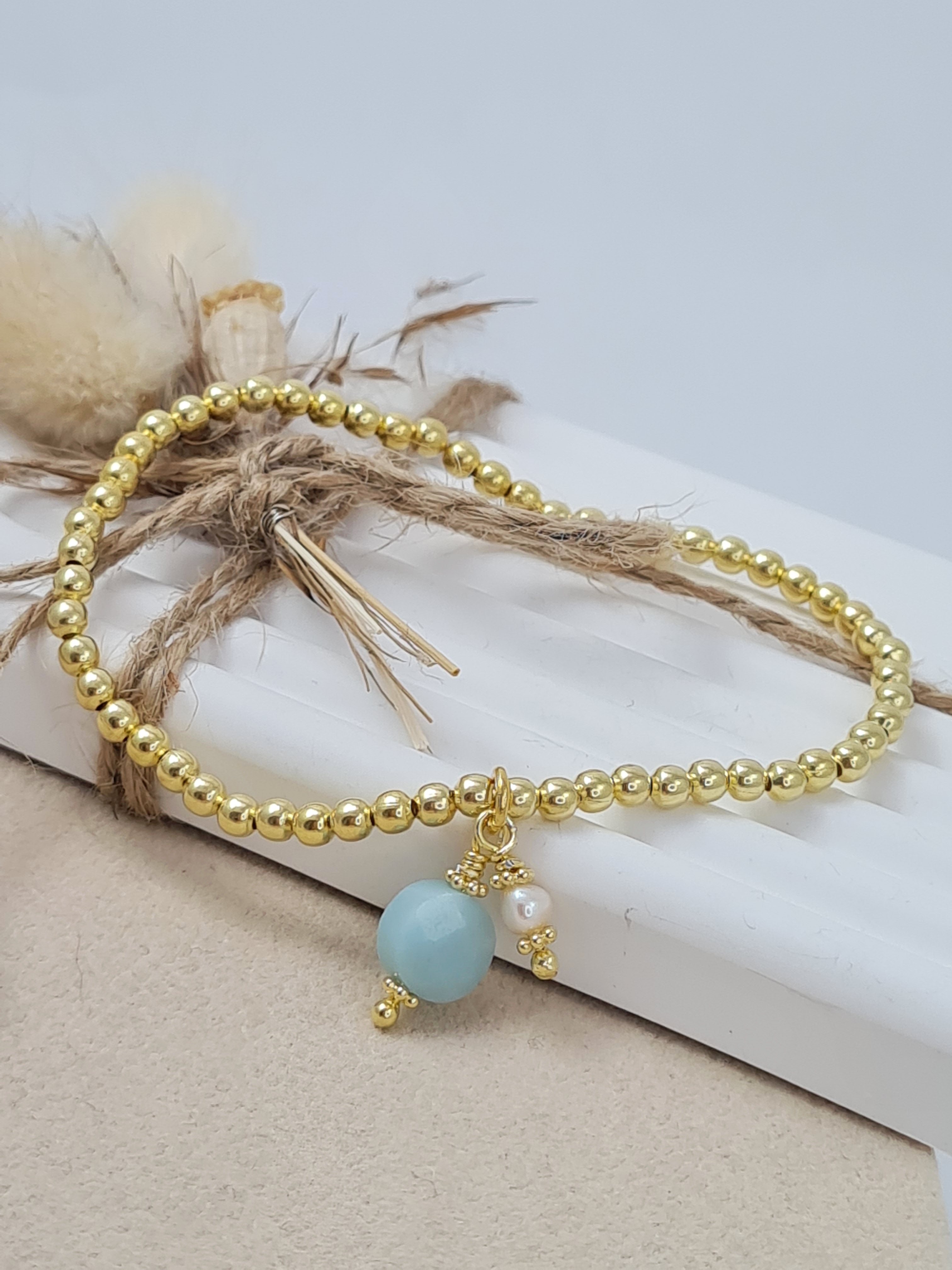 Vergoldetes Silberarmband mit Amazonit & Süßwasserperlen *