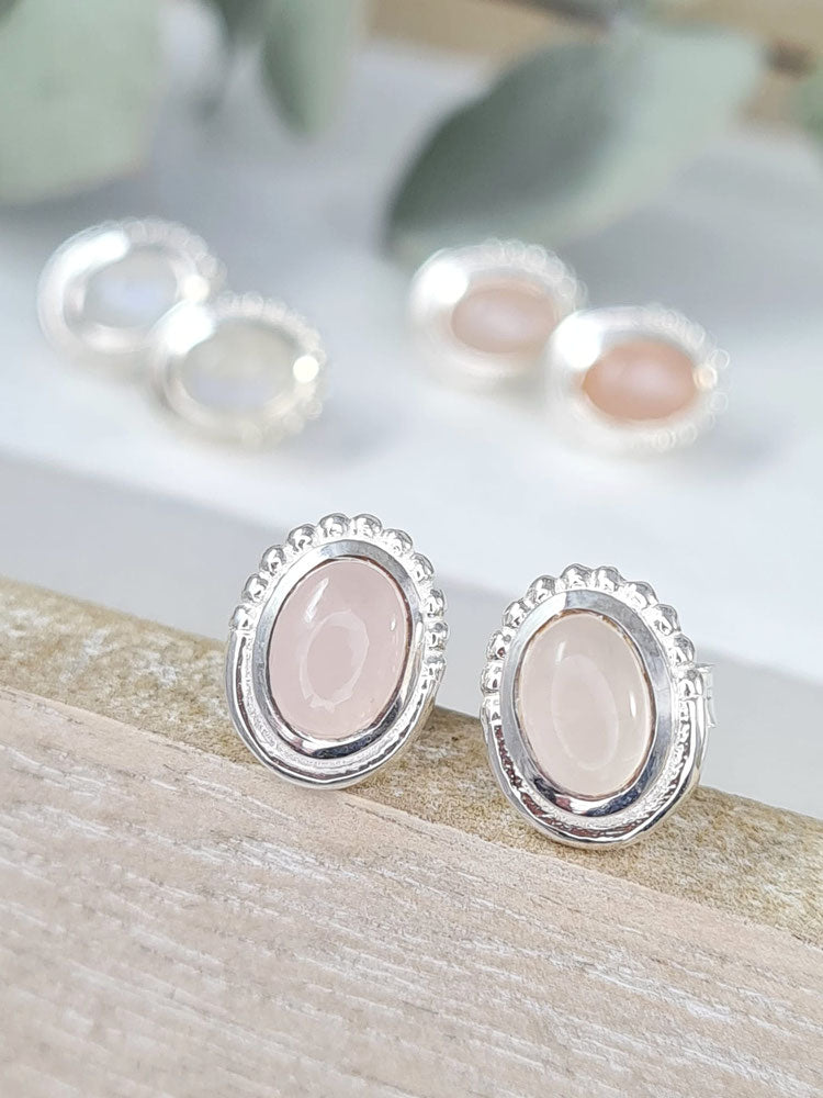 Ovale Silber Ohrstecker Damen | Dots Muster & Edelstein (Rosenquarz, Mondstein) (DOS 94)
