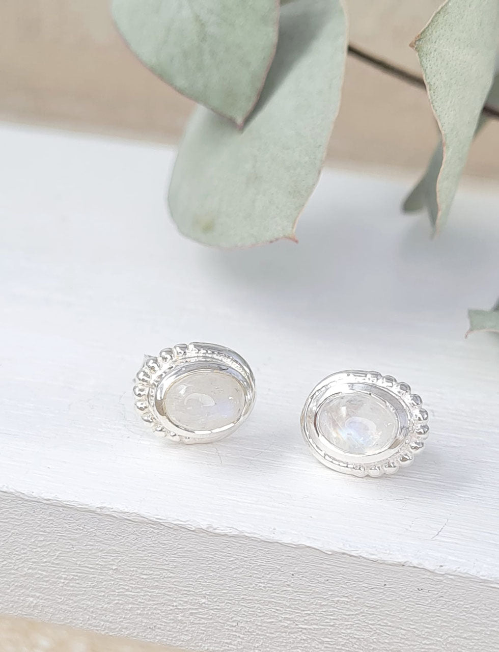 Ovale Silber Ohrstecker Damen | Dots Muster & Edelstein (Rosenquarz, Mondstein) (DOS 94)