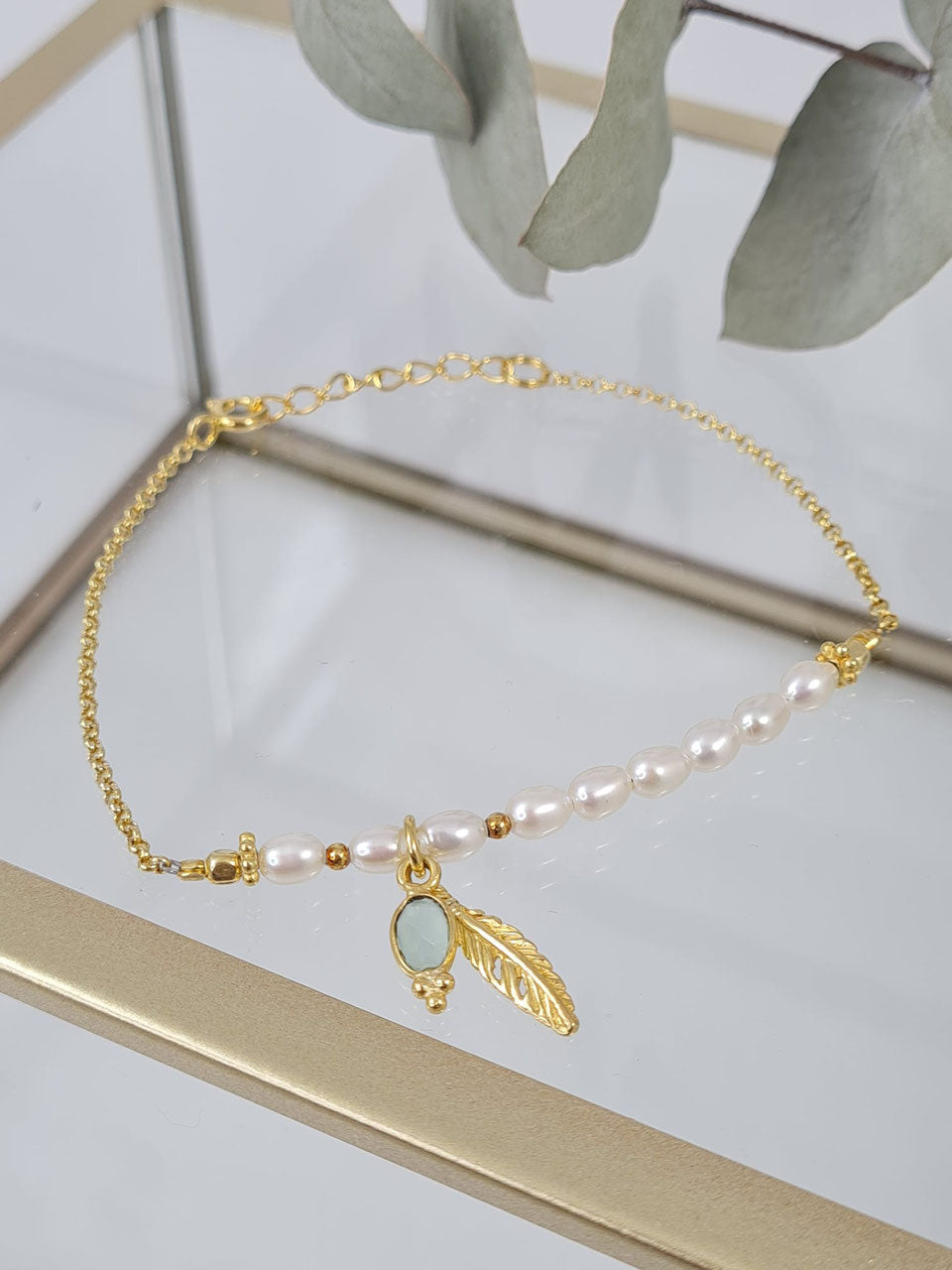 Silber vergoldet Armschmuck, Süsswasserperlen und Aqua Achat * (DAB 1)