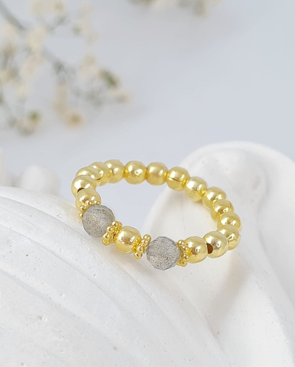 Ringe auf Elast - Silber vergoldet und Labradorit * (DFR 17)