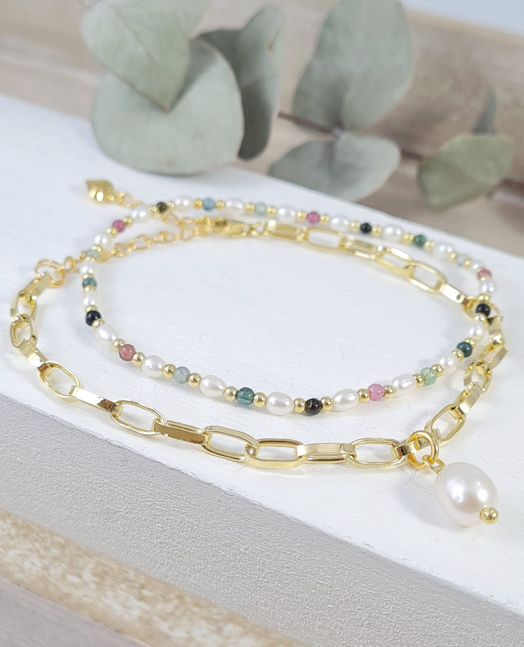 Vergoldetes Gliederketten Armband mit Süsswasserperle - Femininer Eyecatcher * (DAB 2)