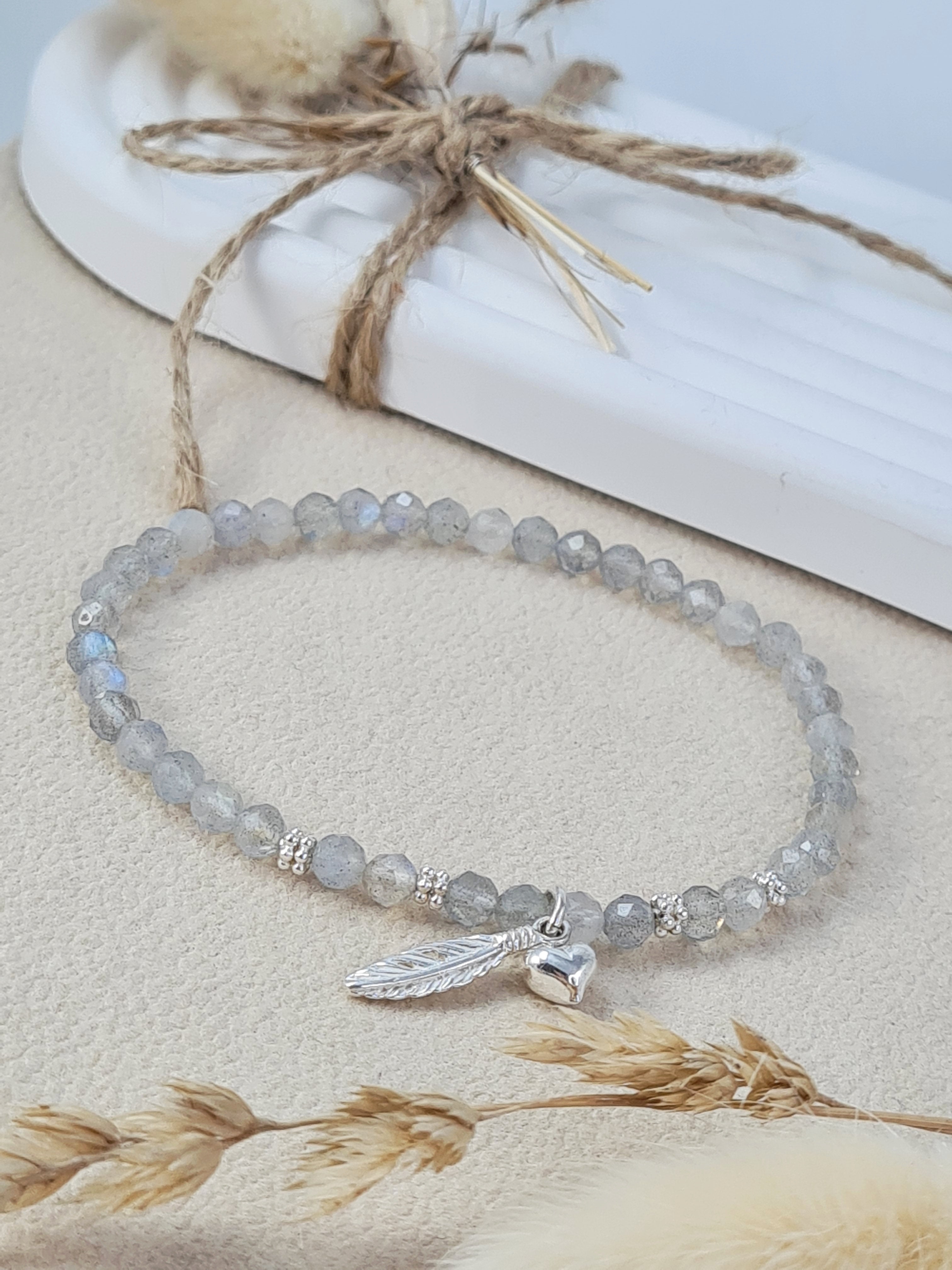 Labradorit Armband mit Feder- und Herzanhänger * (DAB 208)