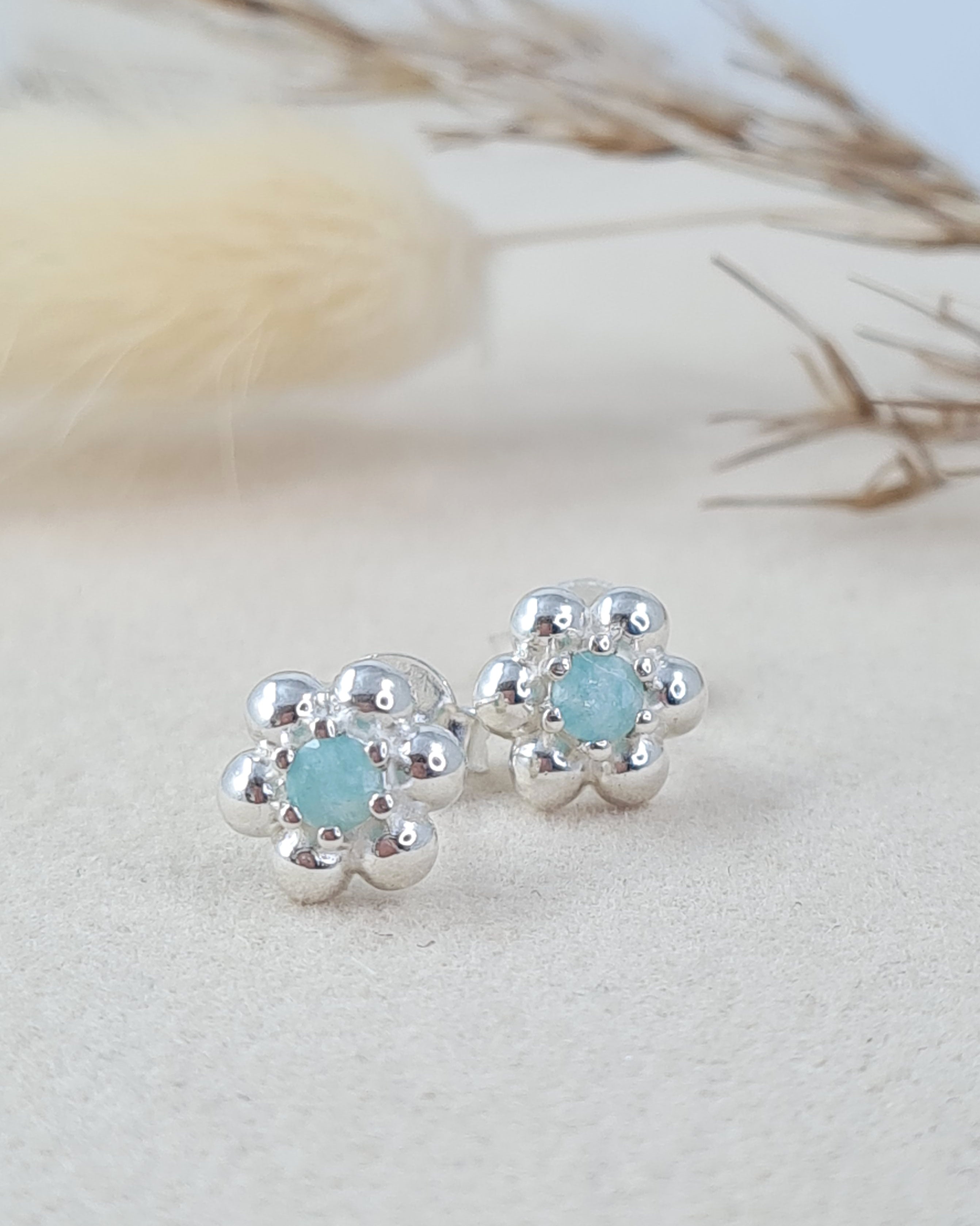 Blumenohrringe Mädchen Silber mit Amazonit (OSM 2)