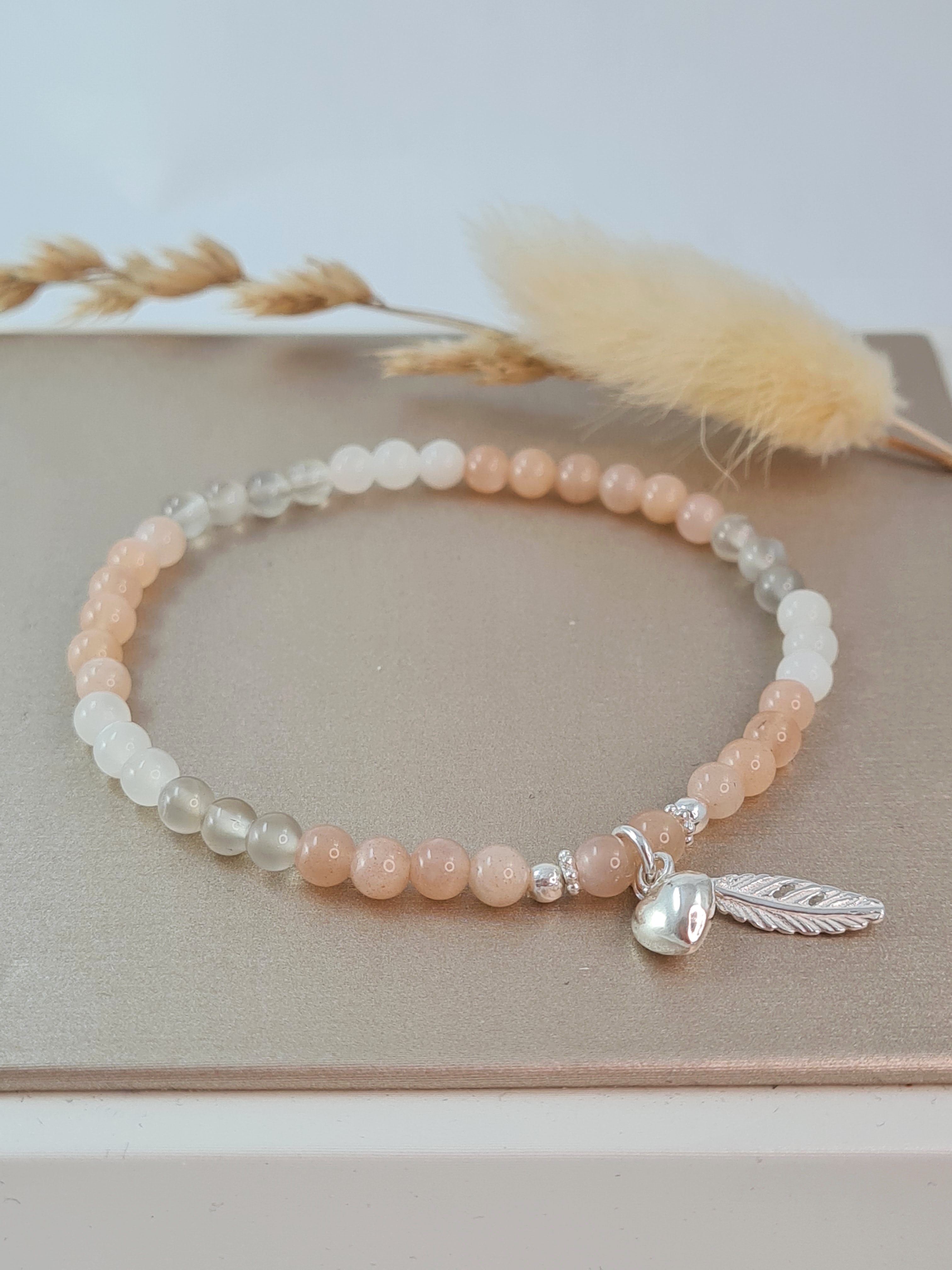 Mondstein Armband multicolor Damen – Herz & Feder (DAB 271)