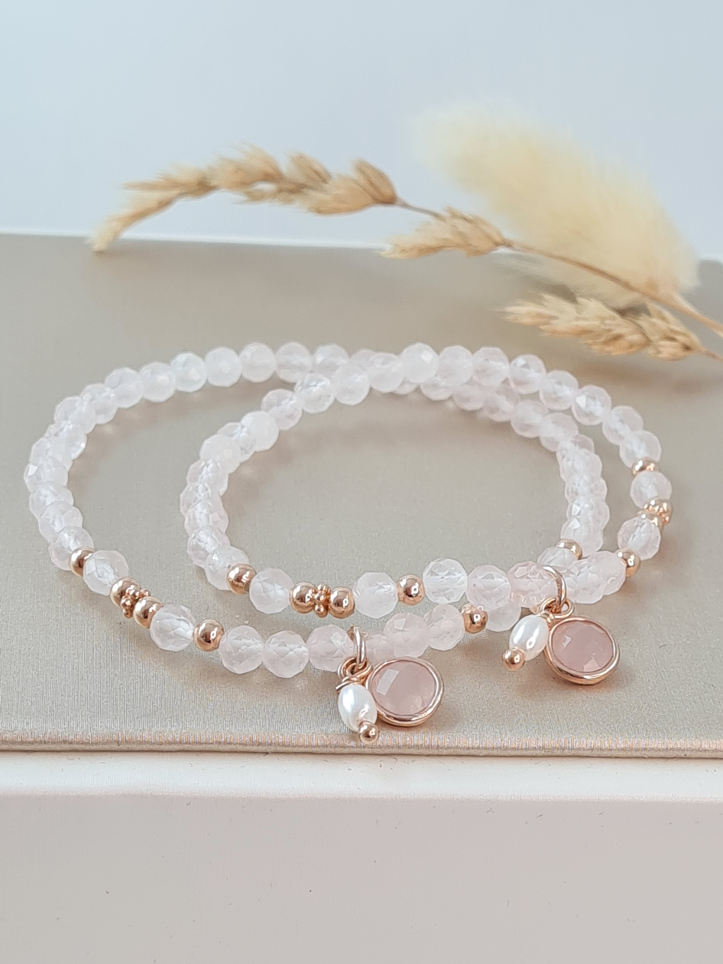 Mutter-Tochter-Armbänder Rosenquarz – 925 Silber Roségold * (MT 28)
