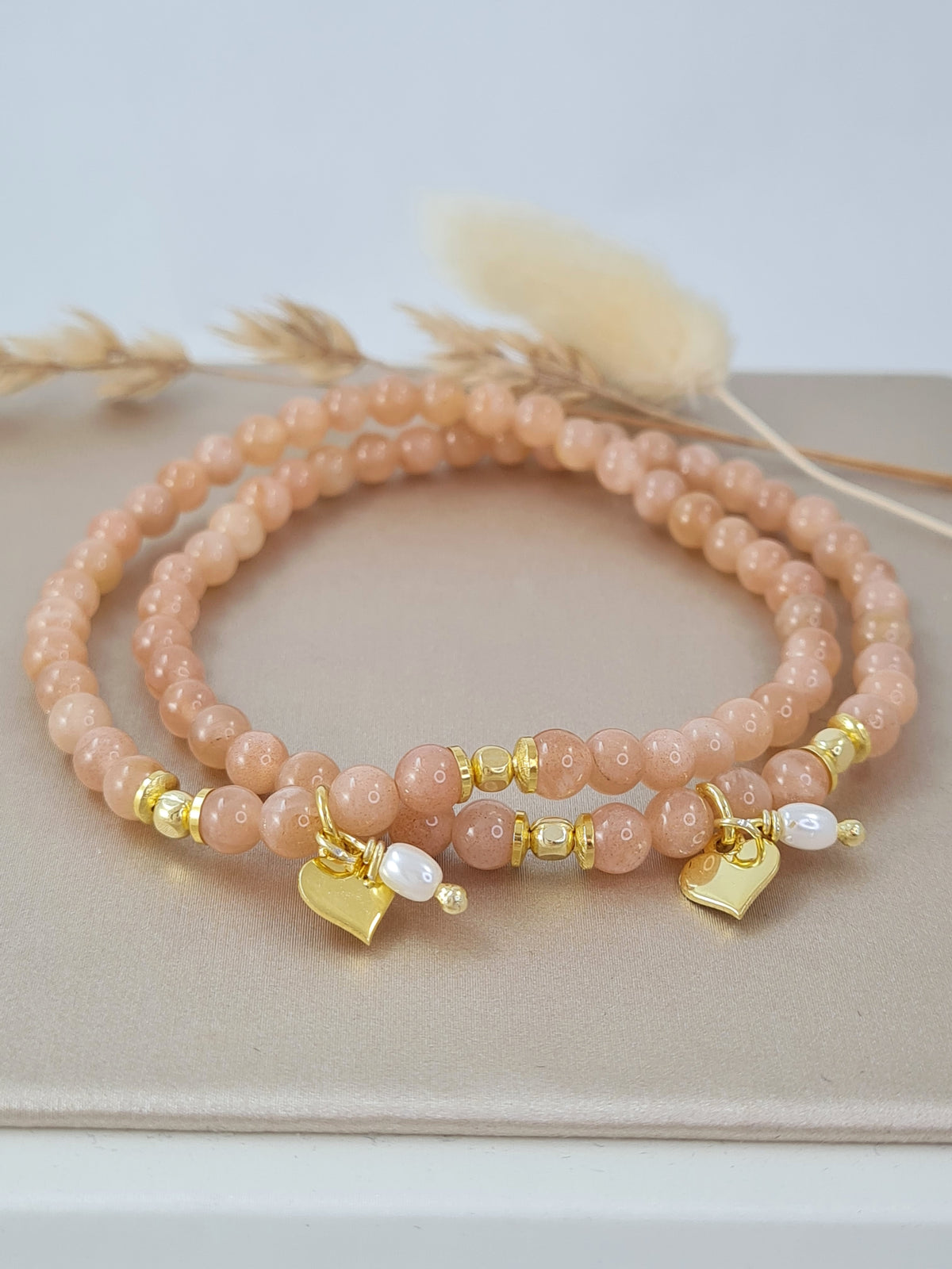 Mutter-Tochter Armband Set für Erwachsene - mit Sonnenstein, Herz und Perle * (MT 33)