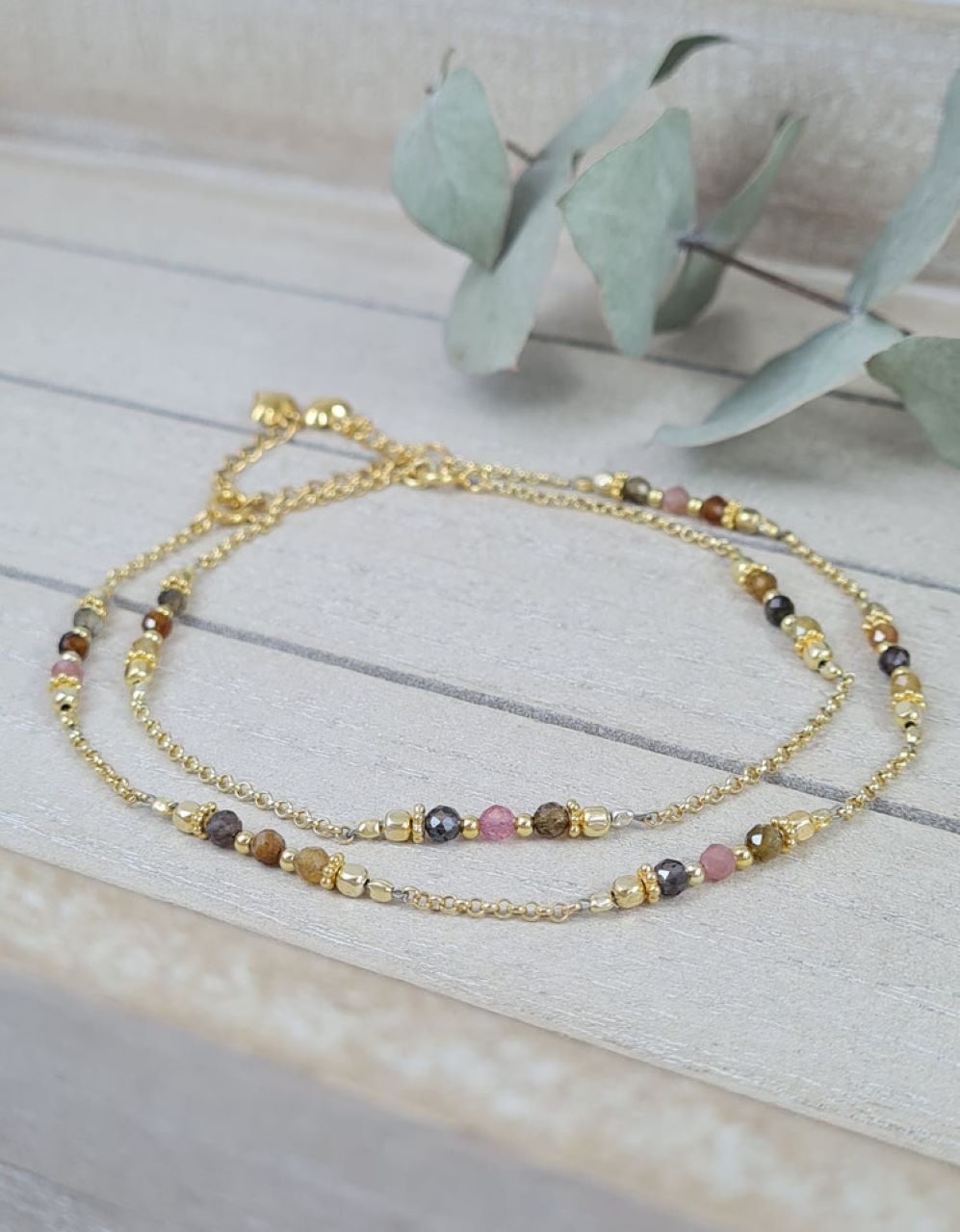 Mutter-Tochter-Fusskettchen aus vergoldetem Silber und Turmalin * (MTFK 1)