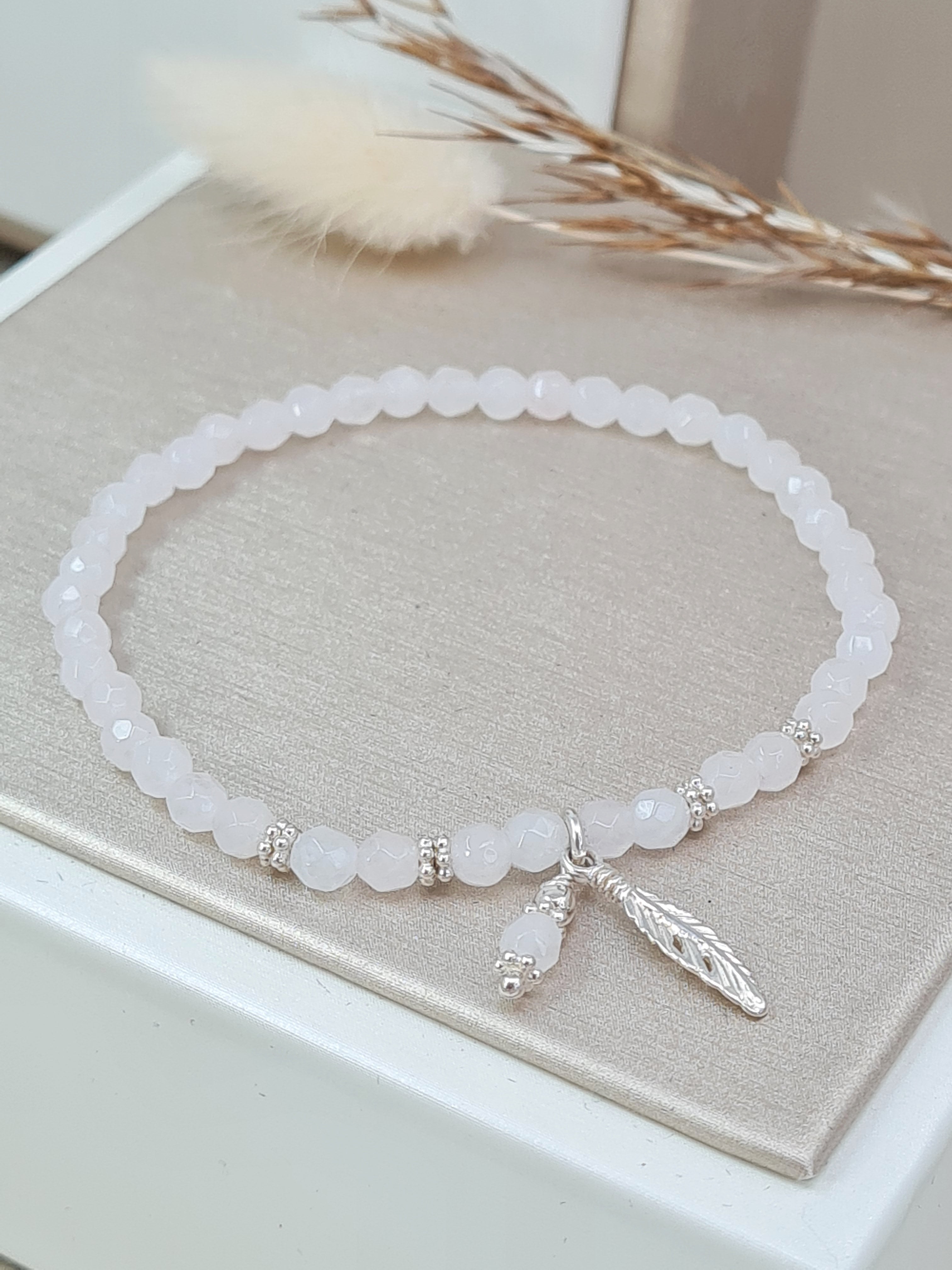 Rosenquarz Armband 925 Silber – Feder & Edelsteinanhänger | 18 cm * (DAB 288)