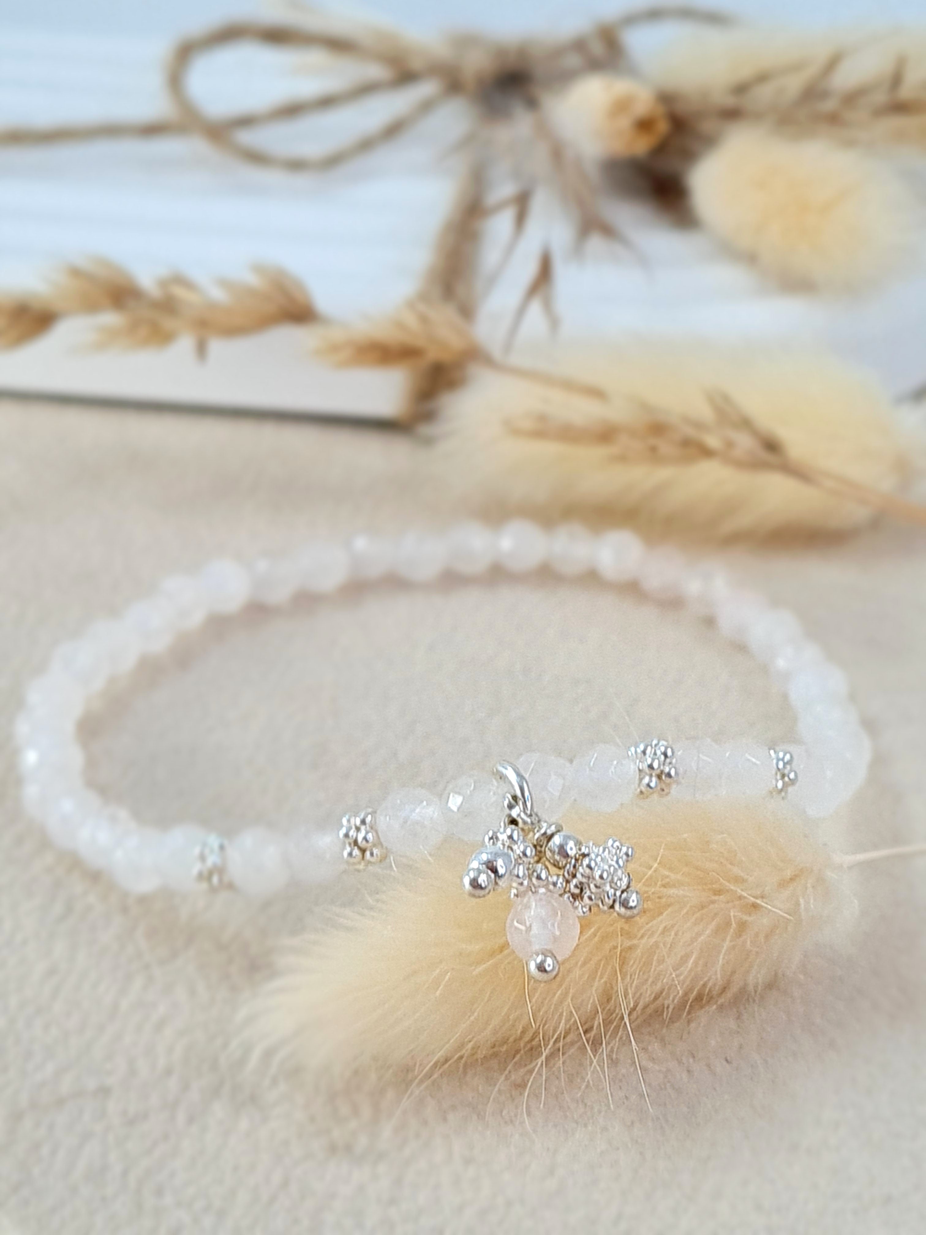 Rosenquarz Armband Damen 4 mm | 925 Silber & Anhänger * (DAB 298)