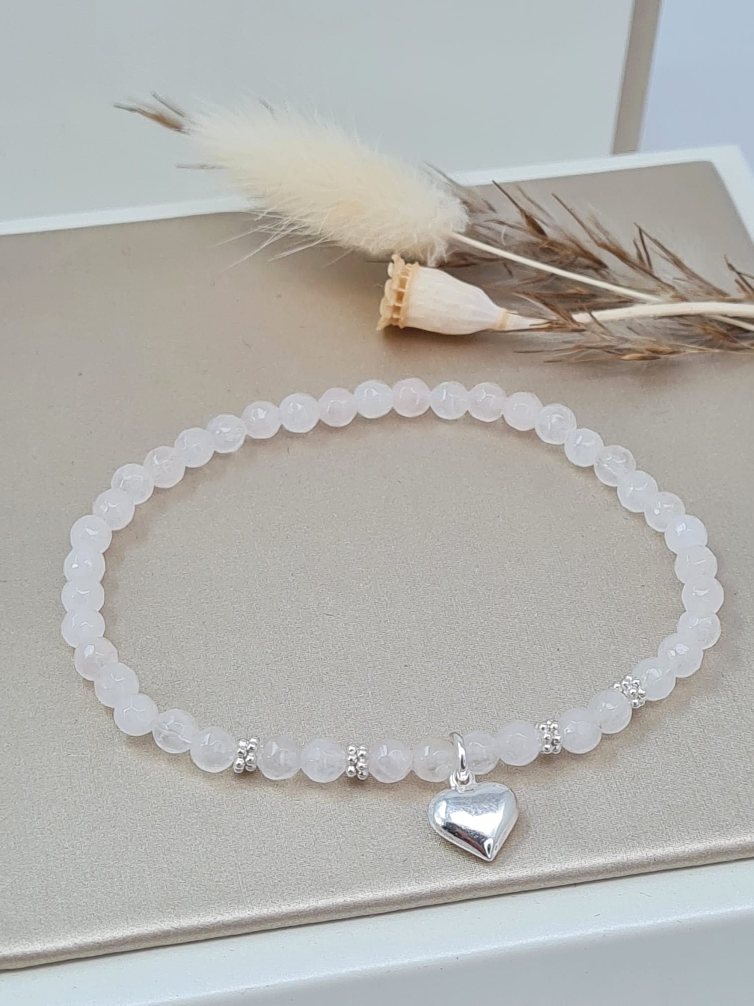 Rosenquarz Armband mit Herz Anhänger * (DAB 178)
