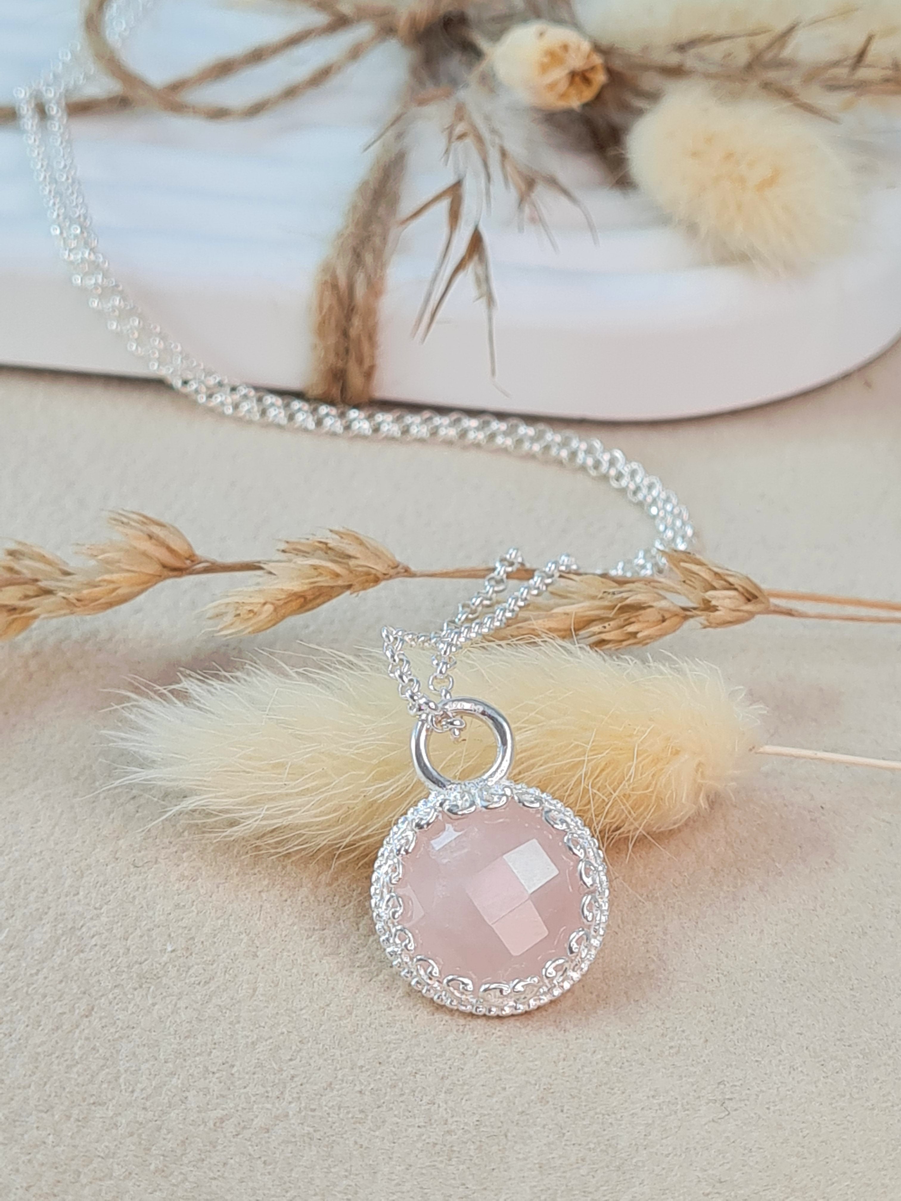 Silberkette 925 mit Rosenquarz Anhänger rund | 45 cm (DHS 119)