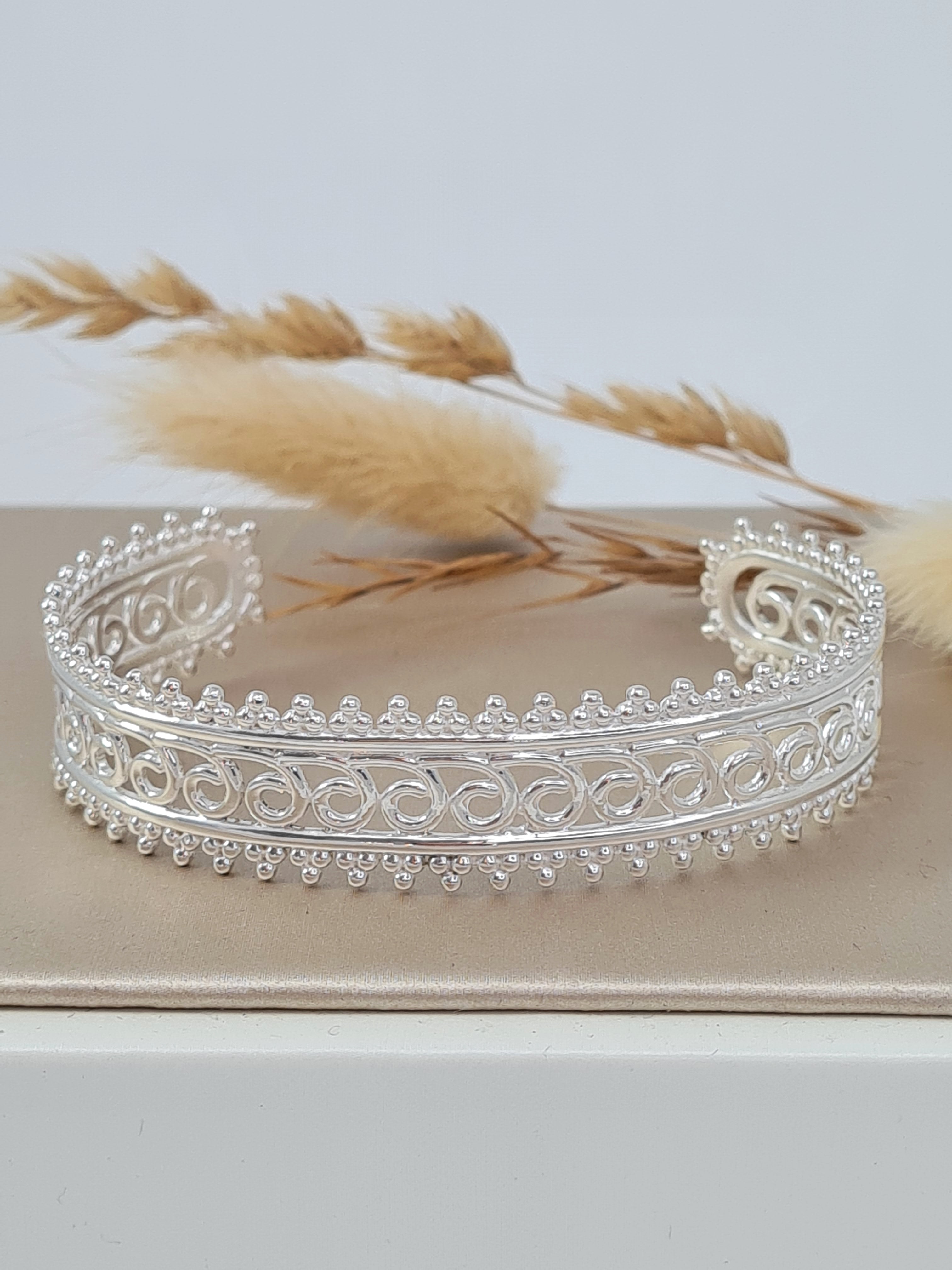 Silber Armspange Damen – 925 Sterling Silber, Boho Schmuck mit Muster (DAB 39)