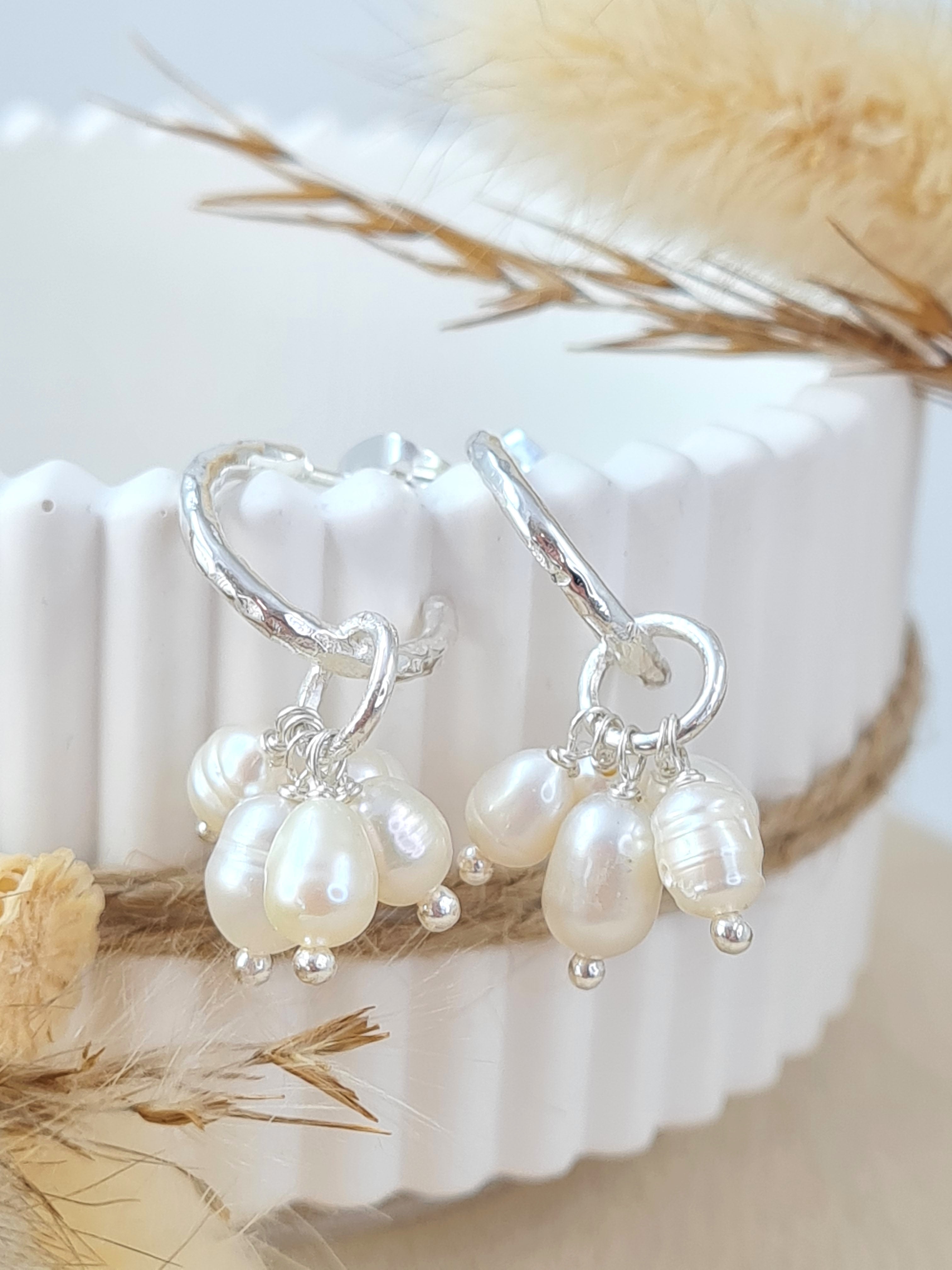 Silber Creolen mit ovalen Perlen - PINK SAND  (DOS 45)