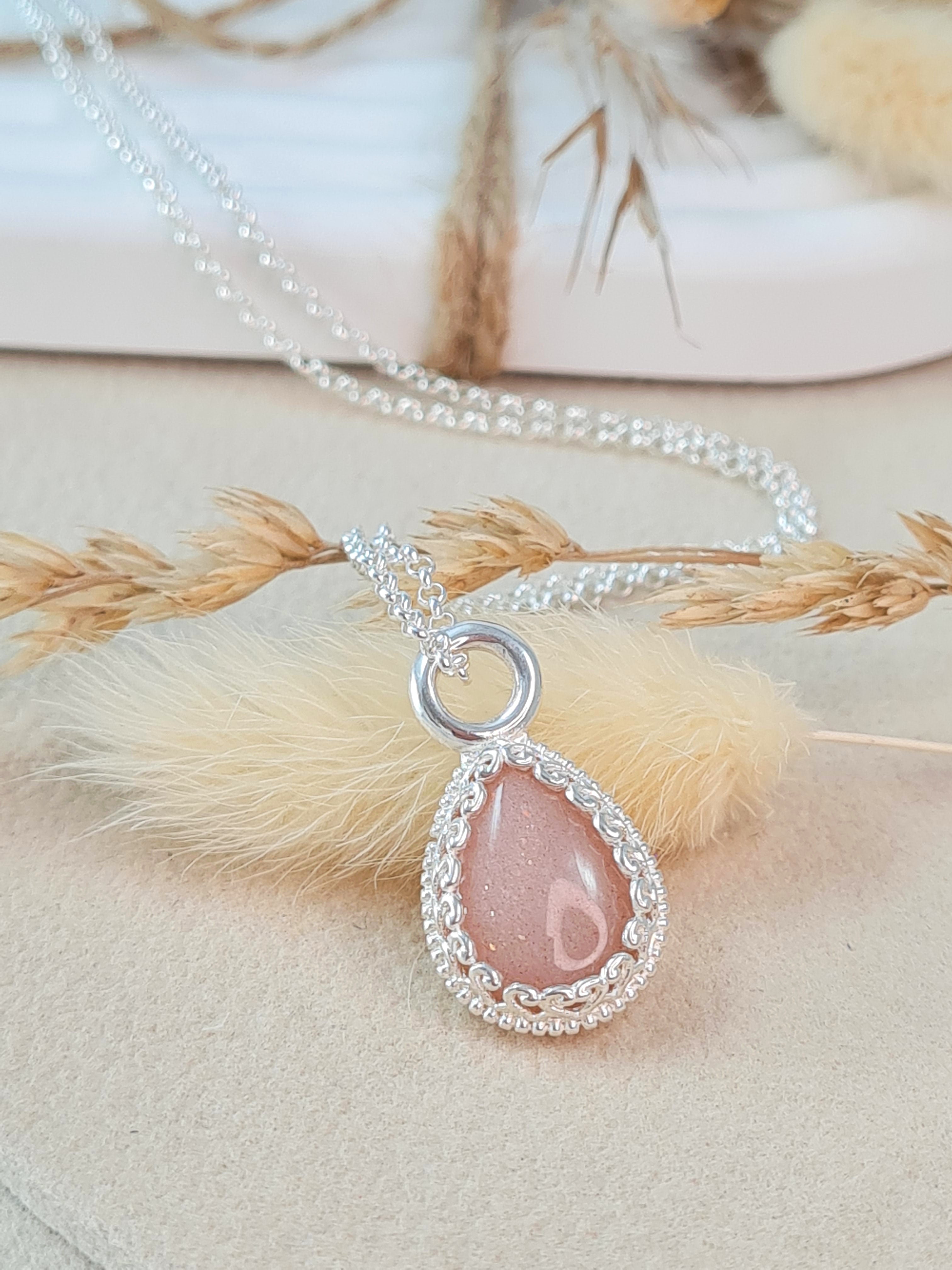 Silberkette mit Peach Mondstein Tropfen | 925 Sterling Silber (DHS 115)