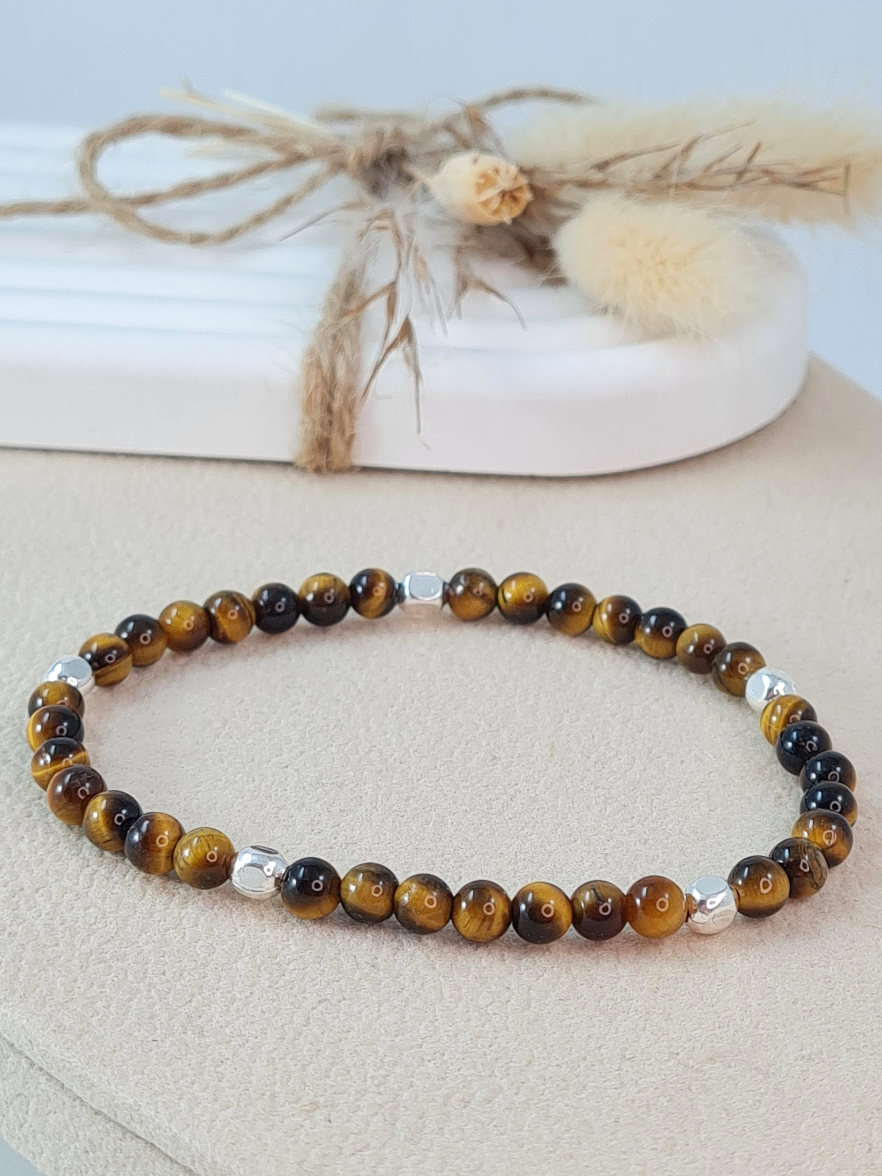 Tigerauge Armband 4 mm mit 925 Silberperlen | Elastisch * (DAB 286)