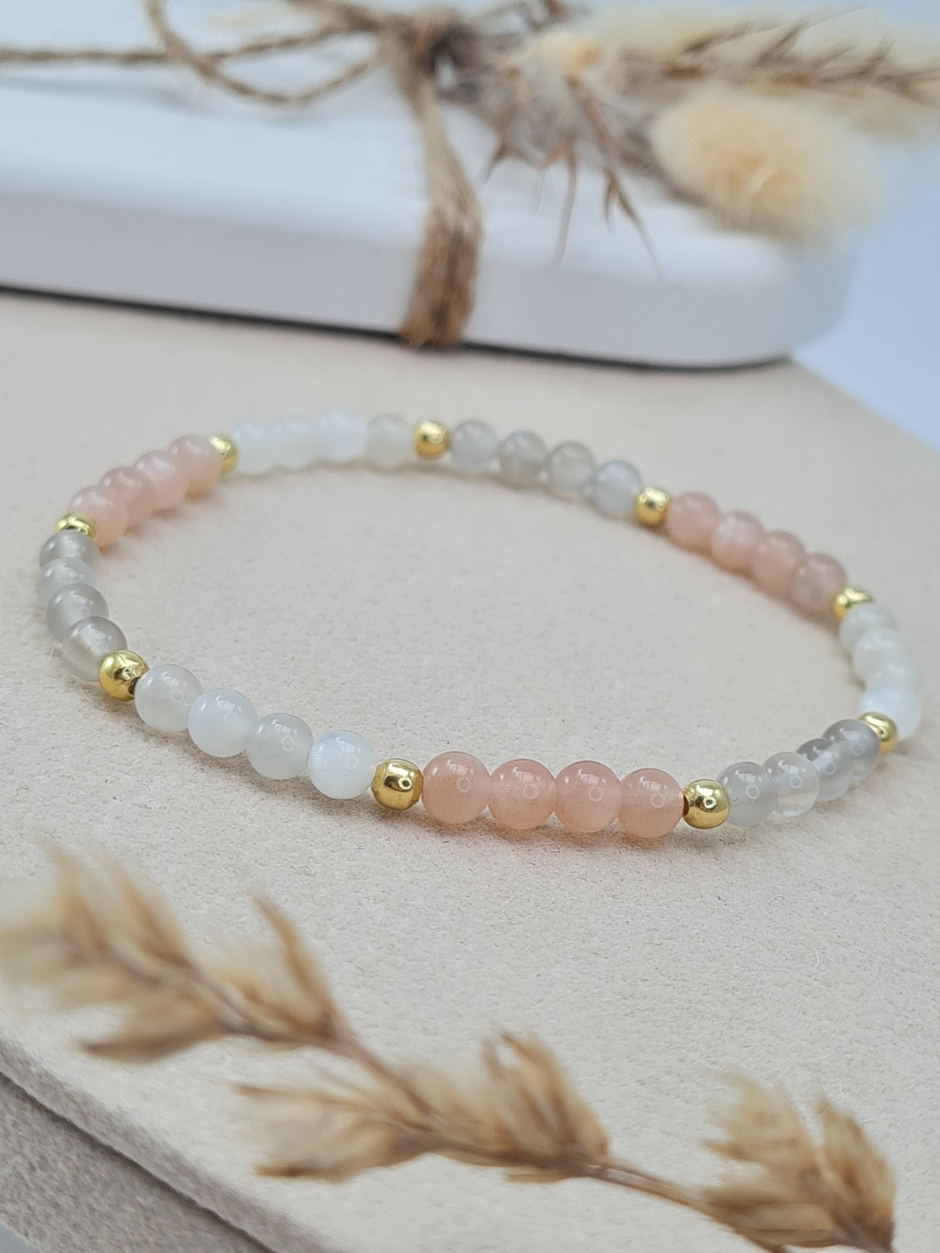 Mondstein Armband Damen Weiß Peach Grau | Vergoldet * (DAB 317)