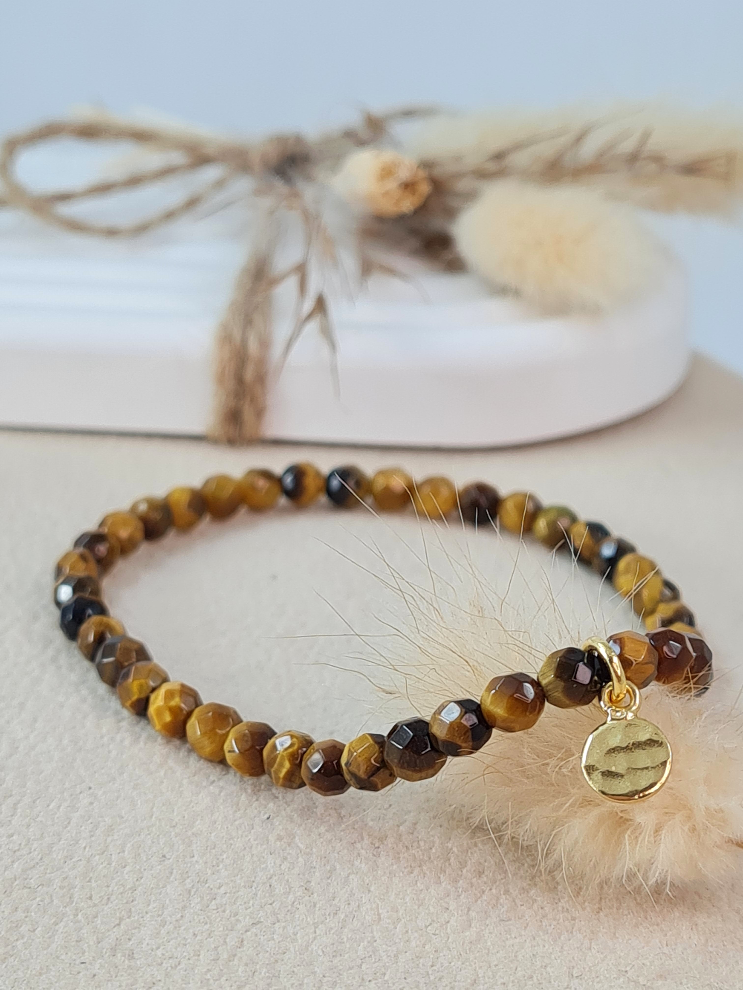 Schlichtes Tigerauge Armband Damen 4 mm | Vergoldeter Silberanhänger * (DAB 295)