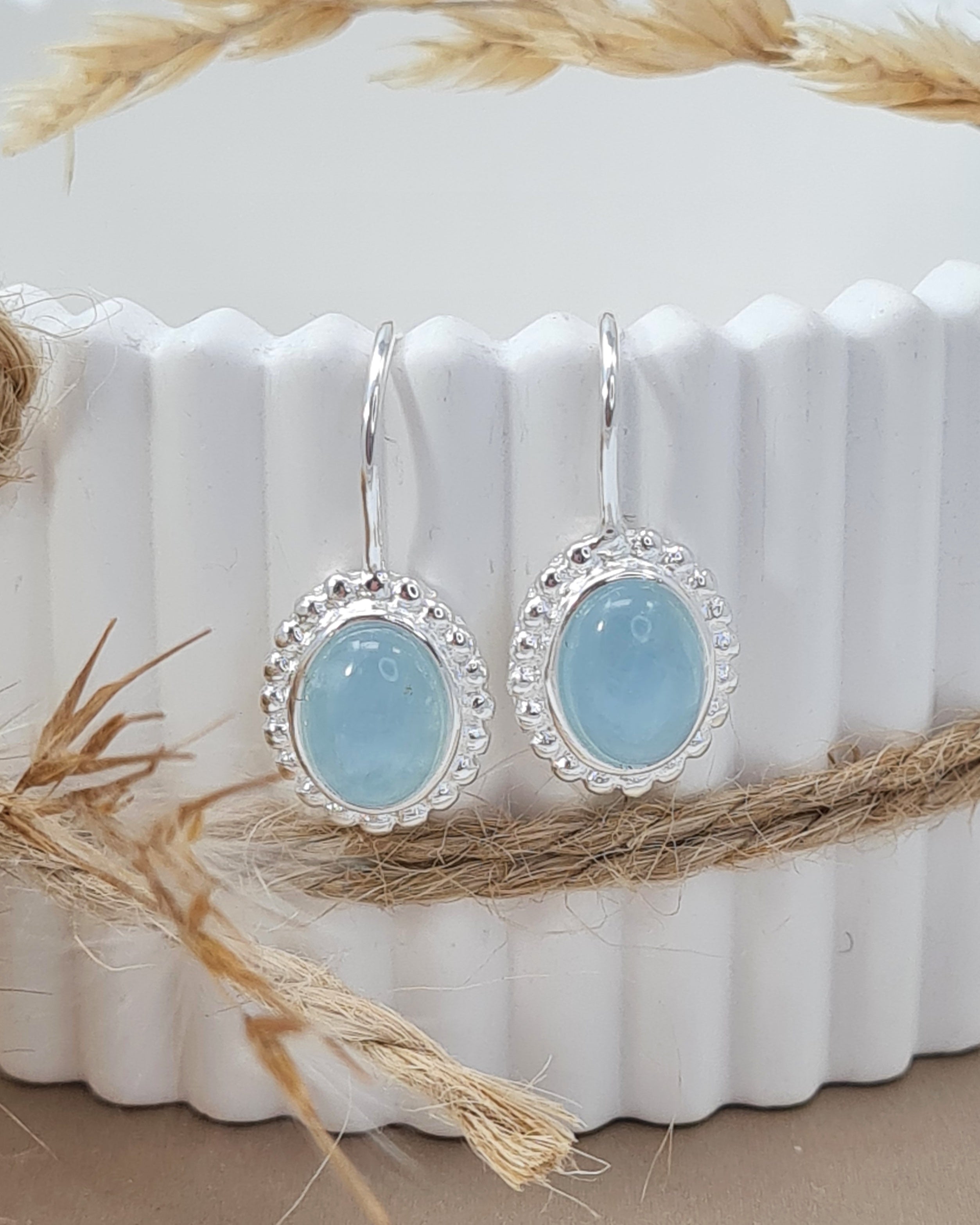 Aquamarin Ohrringe oval | 925 Silber mit Dots-Fassung (DOS 165)