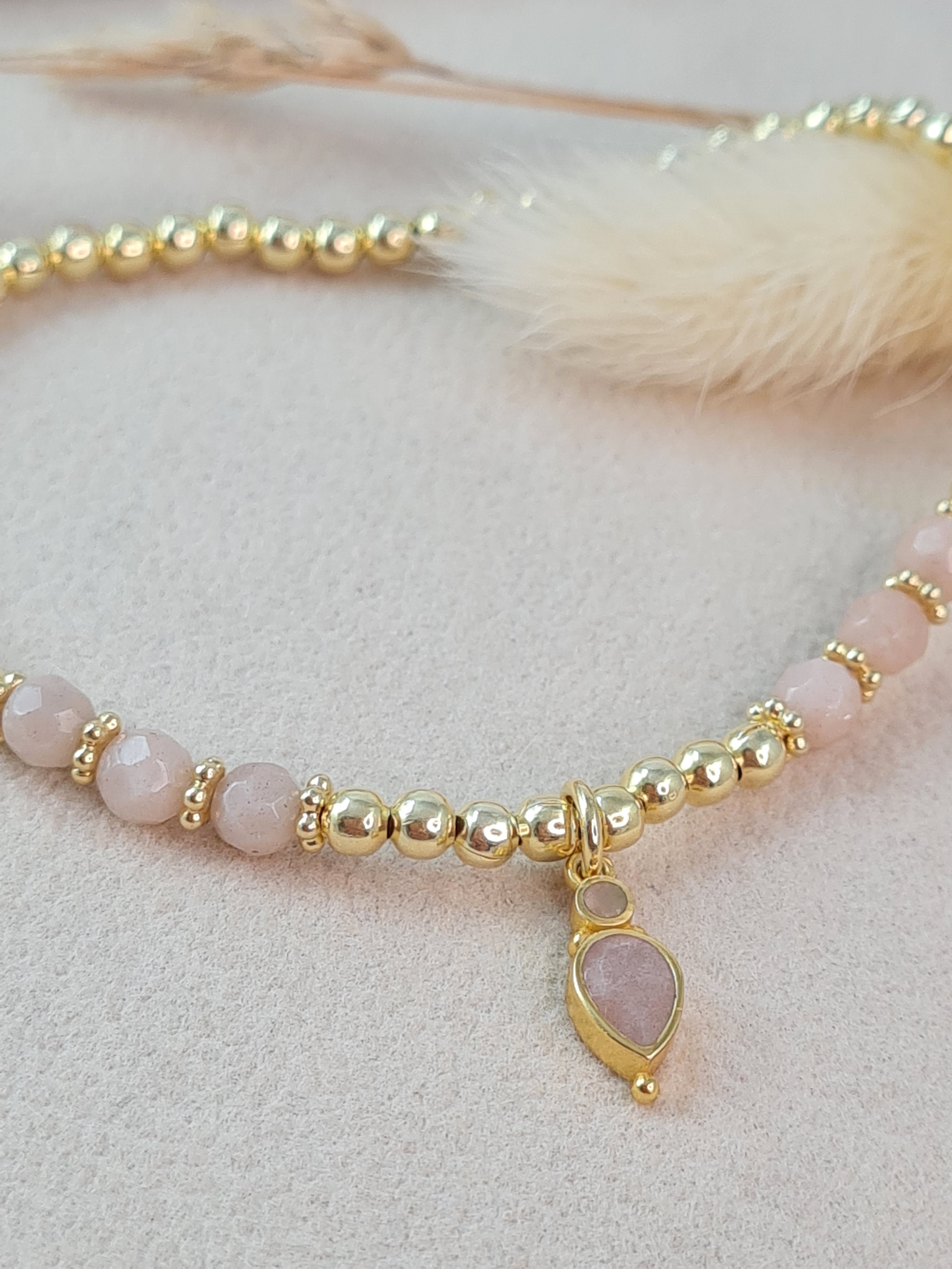 Goldarmband mit Peach Mondstein & Tropfenanhänger – 925er Silber vergoldet * (DAB 265)