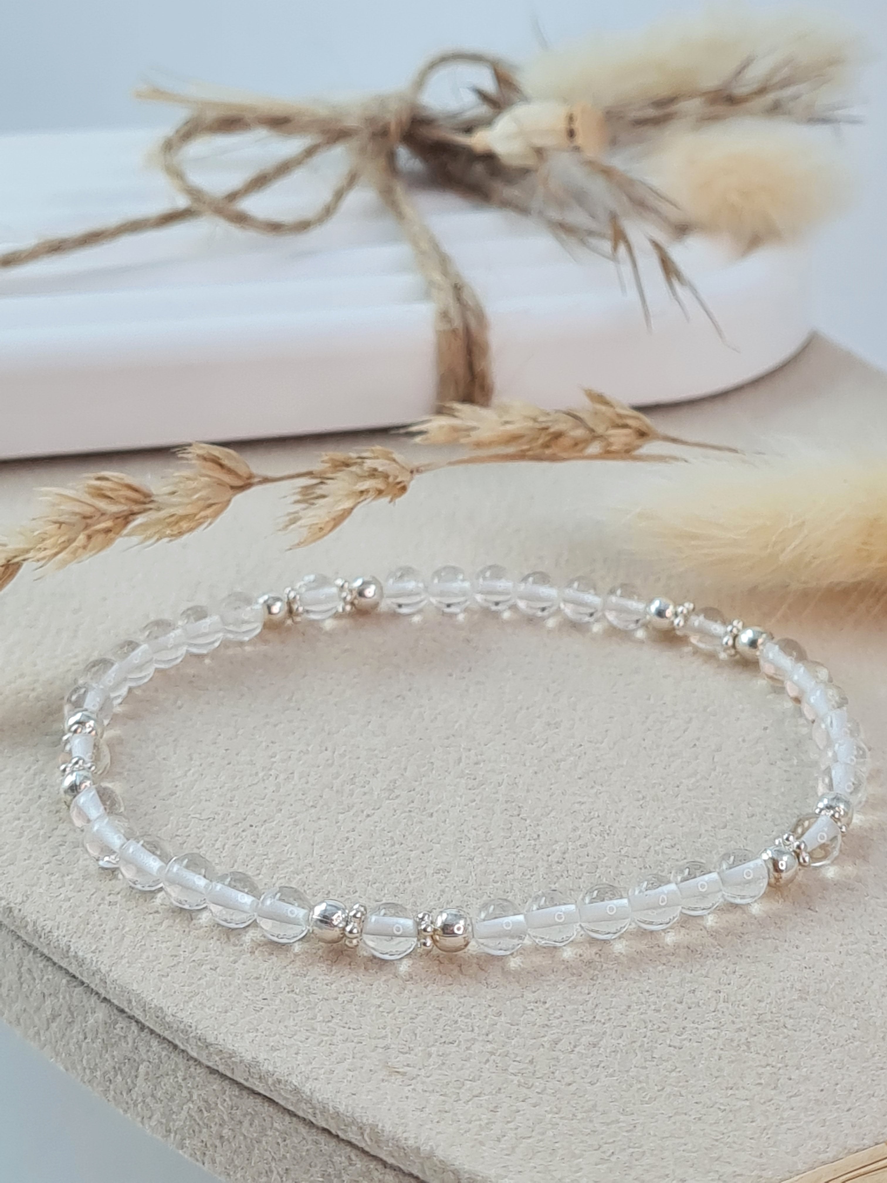 Bergkristall Armband Damen 4 mm | Elastisch mit Silber-Elementen * (DAB 300)