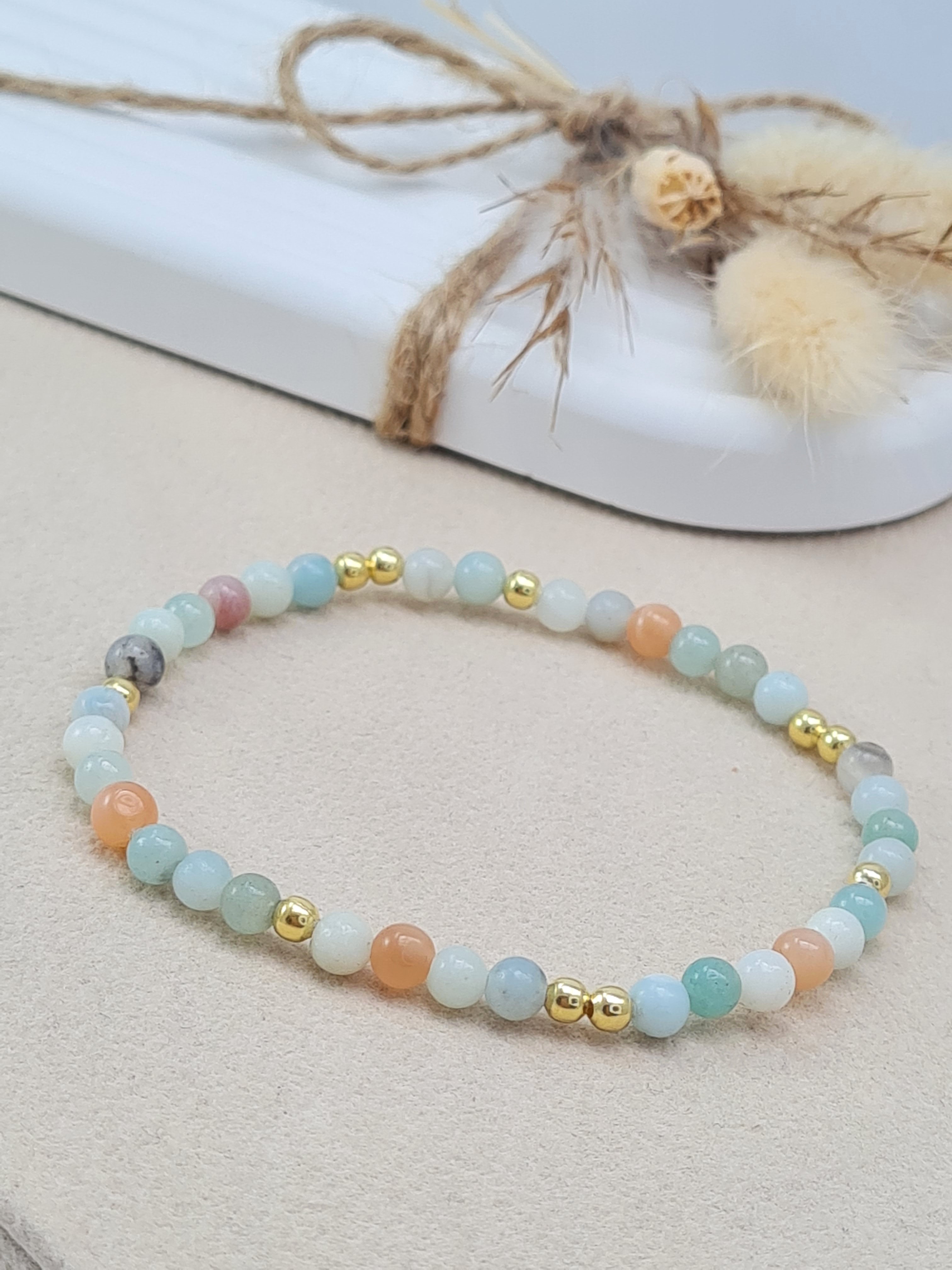 Buntes Edelsteinarmband Amazonit & Mondstein | Vergoldet * (DAB 315)