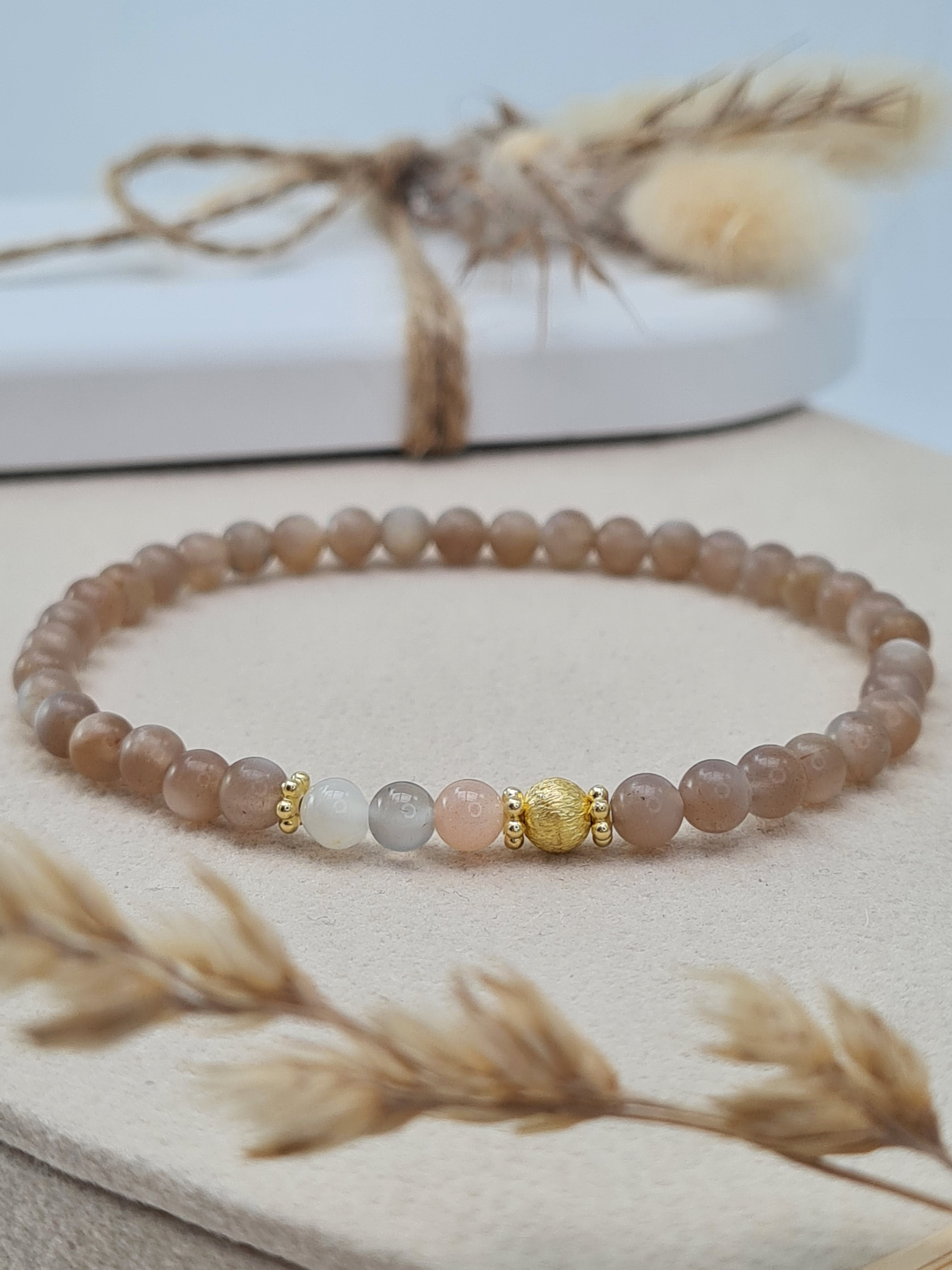 Mondstein Armband Damen Braun Weiß Peach Grau | Vergoldet (DAB 318)