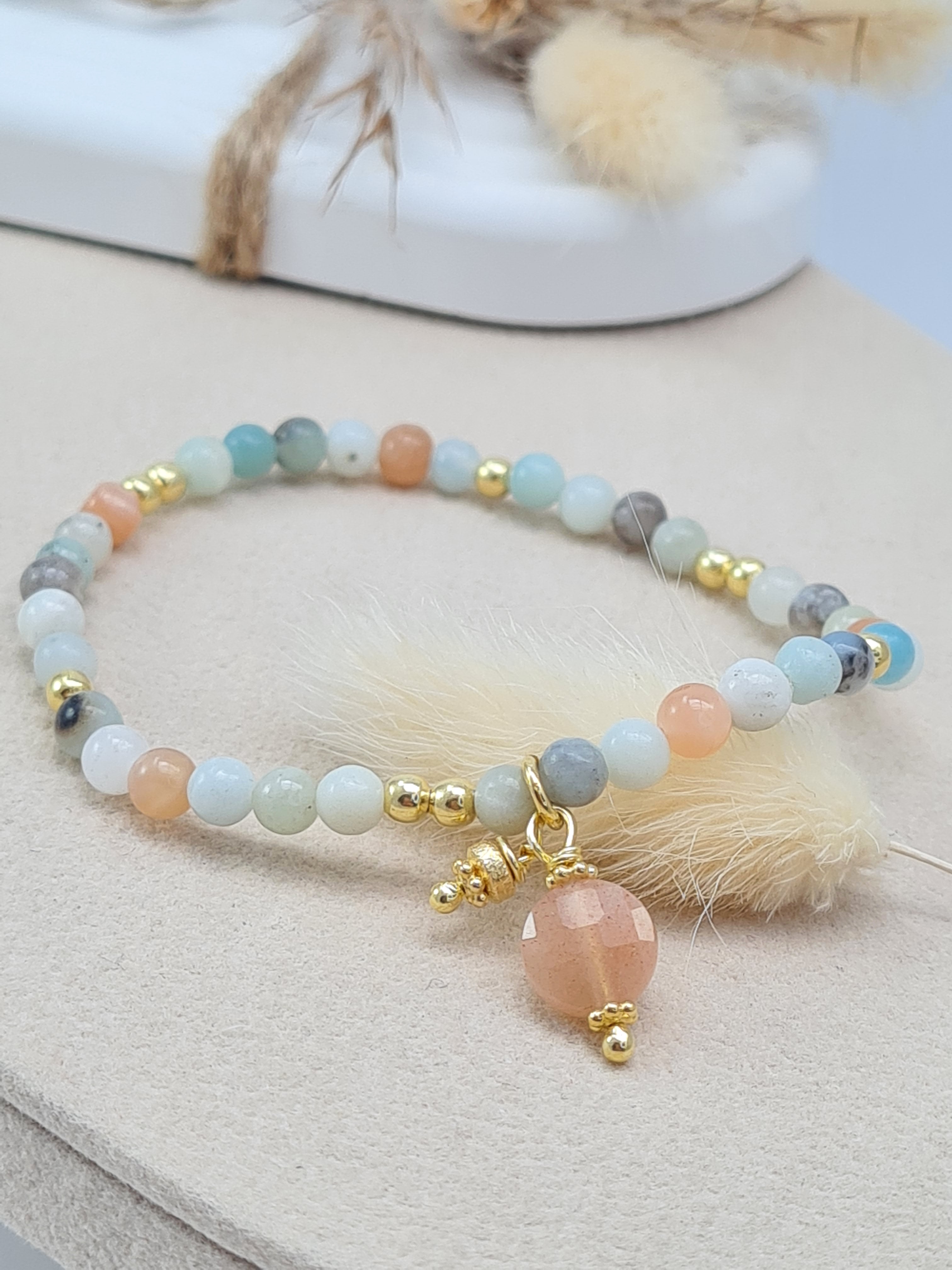 Amazonit & Peach Mondstein Armband | Vergoldet Damen * (DAB 313)