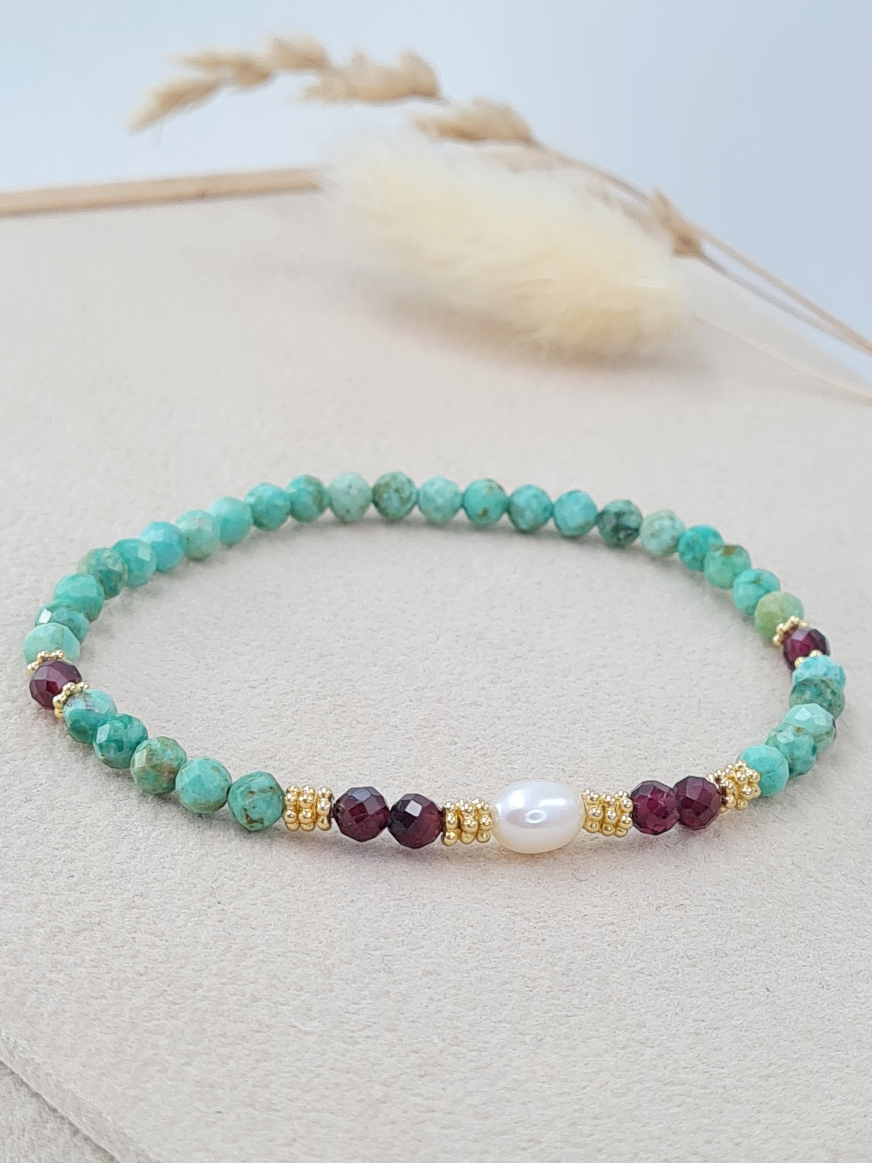 Edelstein Armband Türkis Granat Perle 925 Silber vergoldet * (DAB 305)