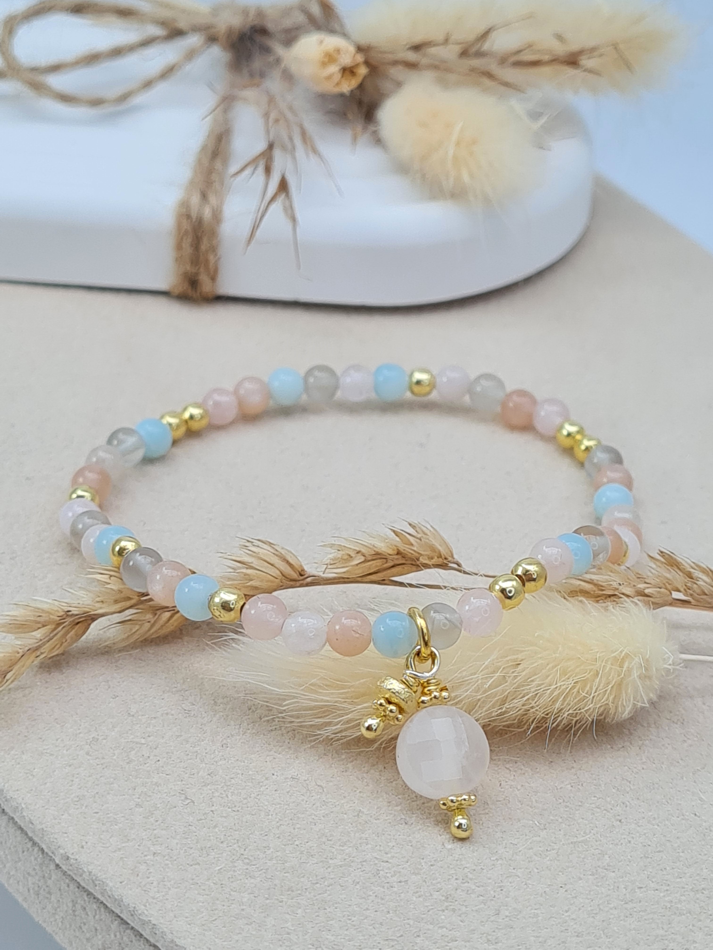Edelsteinarmband mit Rosenquarz & Mondstein | Vergoldet * (DAB 321)