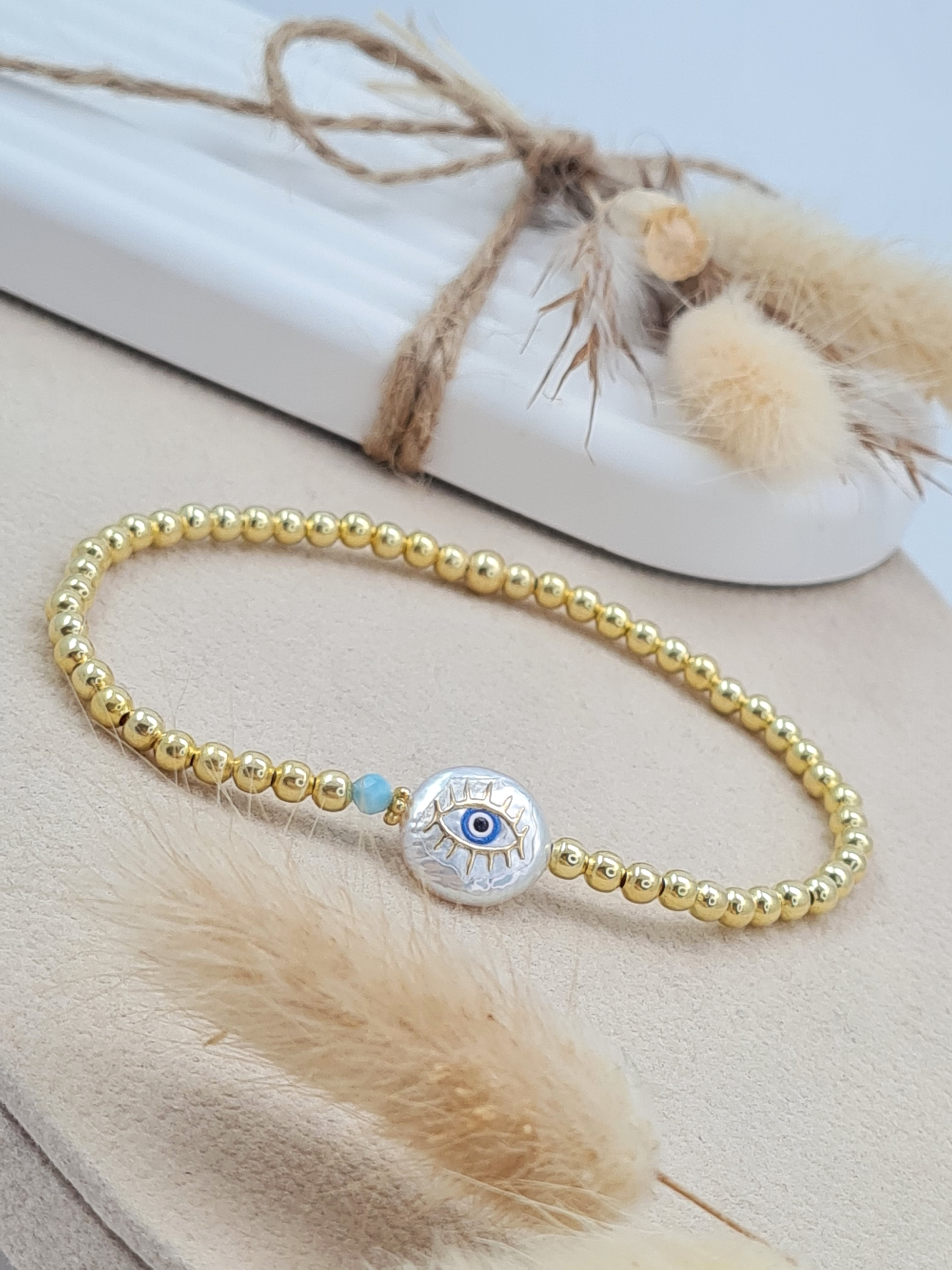 Vergoldetes Silber Armband – flache Süsswasserperle mit Evil Eye & Türkis (DAB 246)