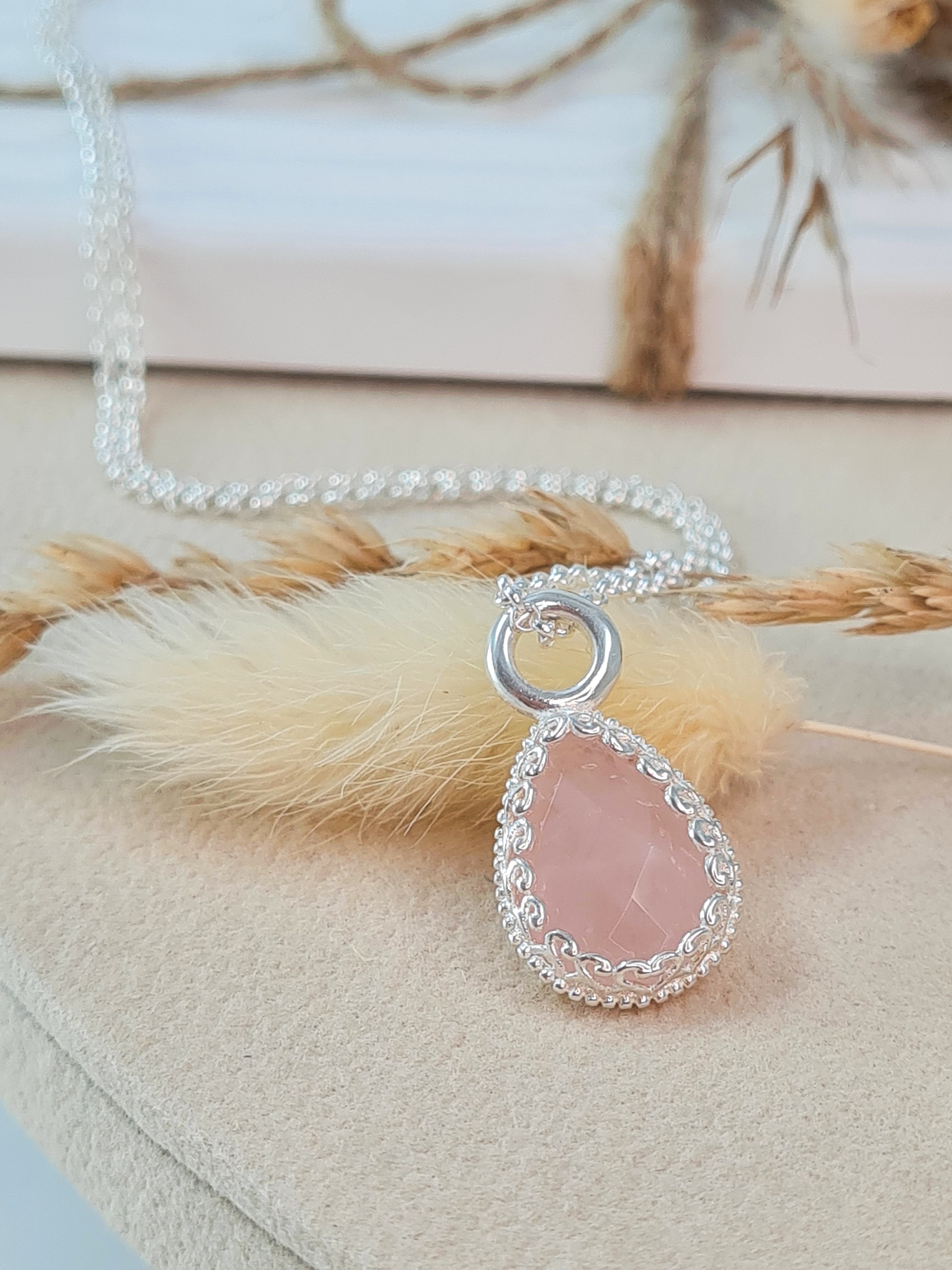 Silberkette Damen mit Rosenquarz Tropfen | 925 Sterling Silber (DHS 117)