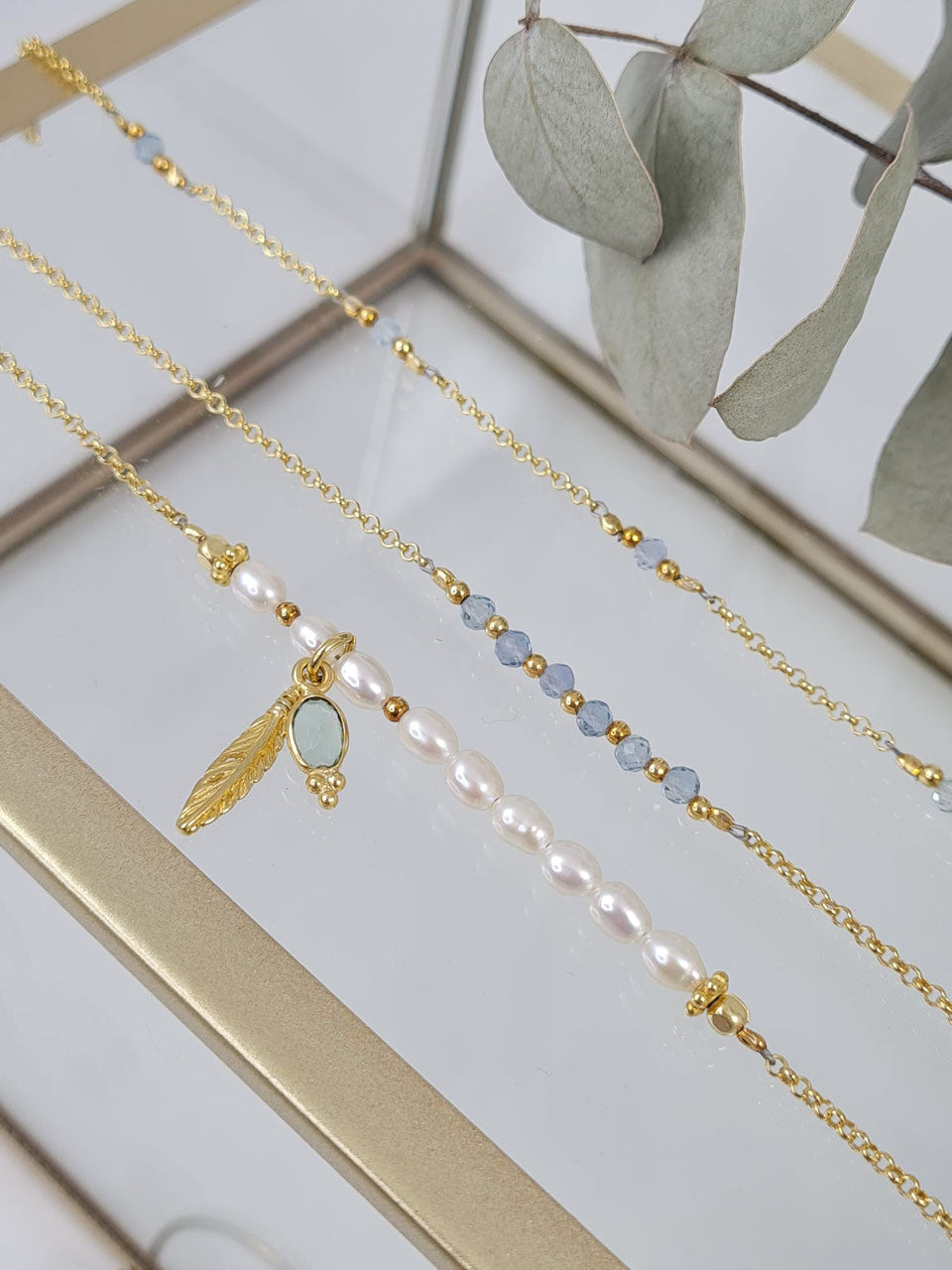Silber vergoldet Armschmuck, Süsswasserperlen und Aqua Achat * (DAB 1)