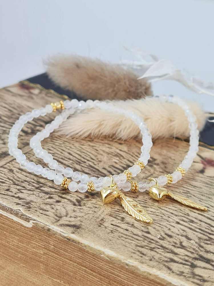 Mutter-Tochter-Armband aus Regenbogen Mondstein und vergoldetem Silber * (MT 29)