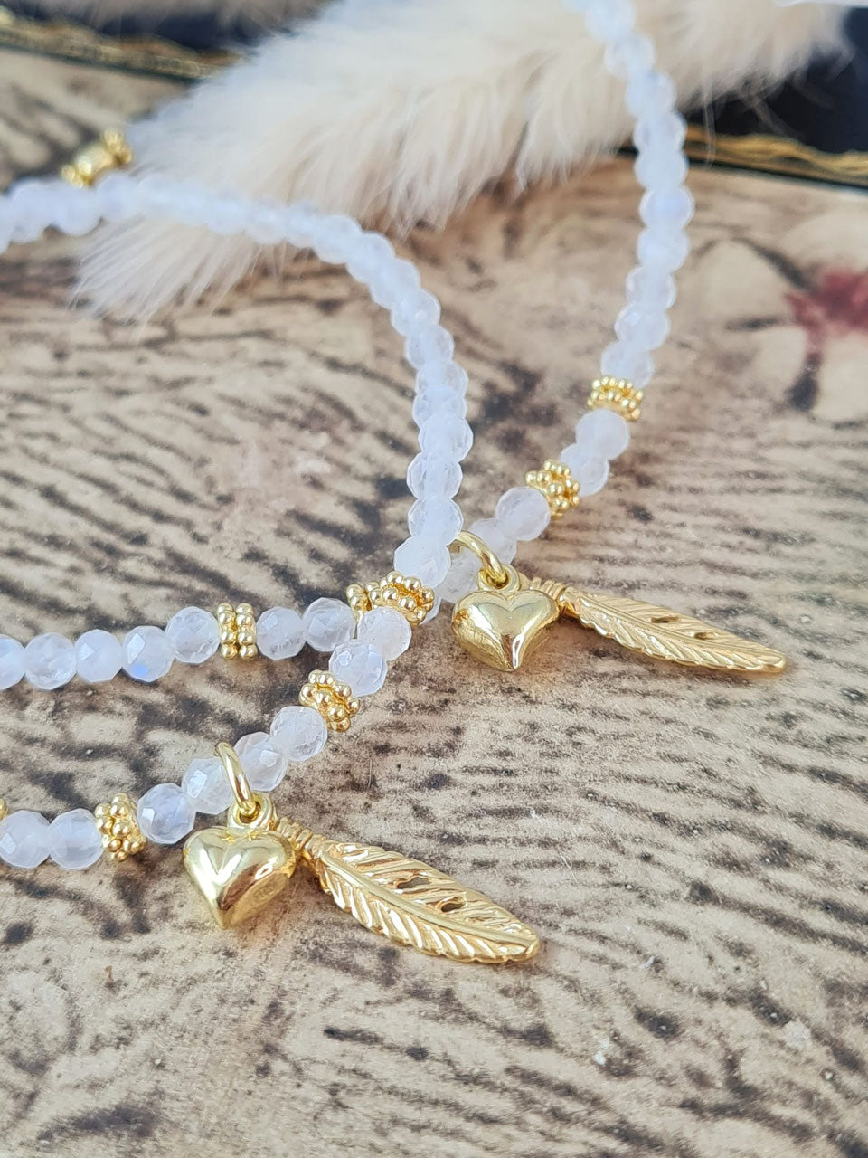 Mutter-Tochter-Armband aus Regenbogen Mondstein und vergoldetem Silber * (MT 29)