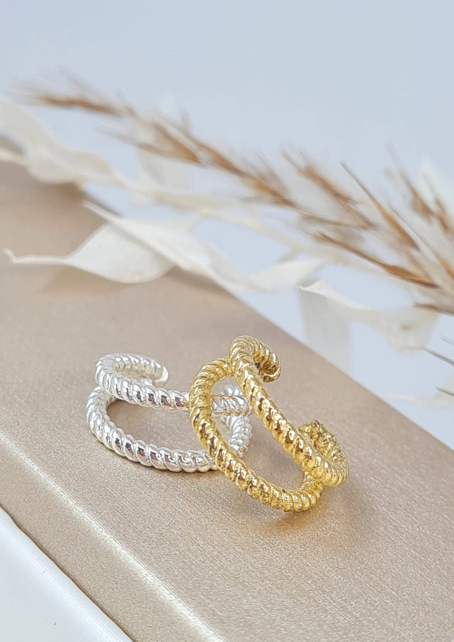 Twisted Earcuff Silber vergoldet | Doppelreihiger Ohrschmuck ohne Ohrloch (DOS 119)