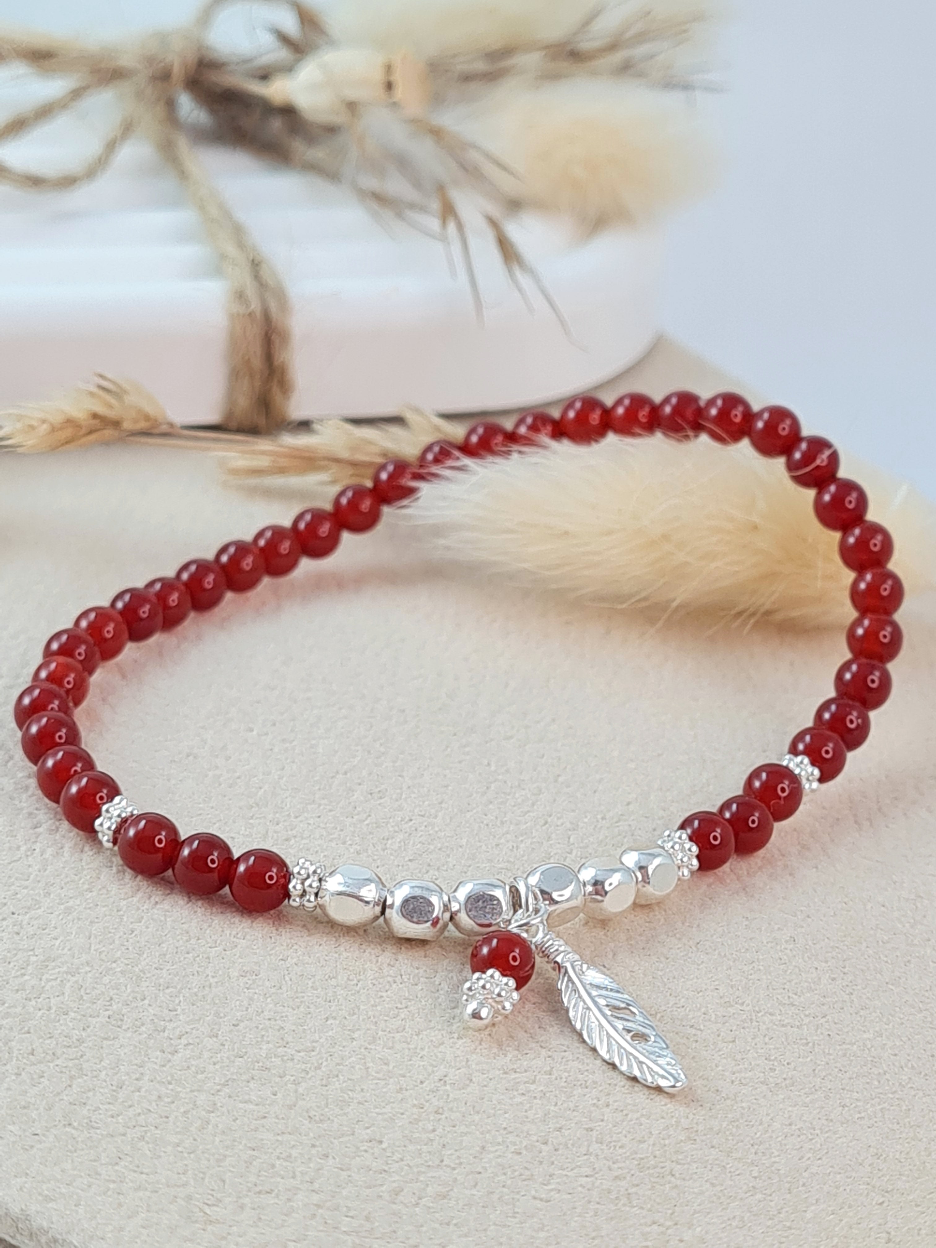 Karneol Armband Damen – 4 mm Edelstein & Silber Anhänger * (DAB 249)