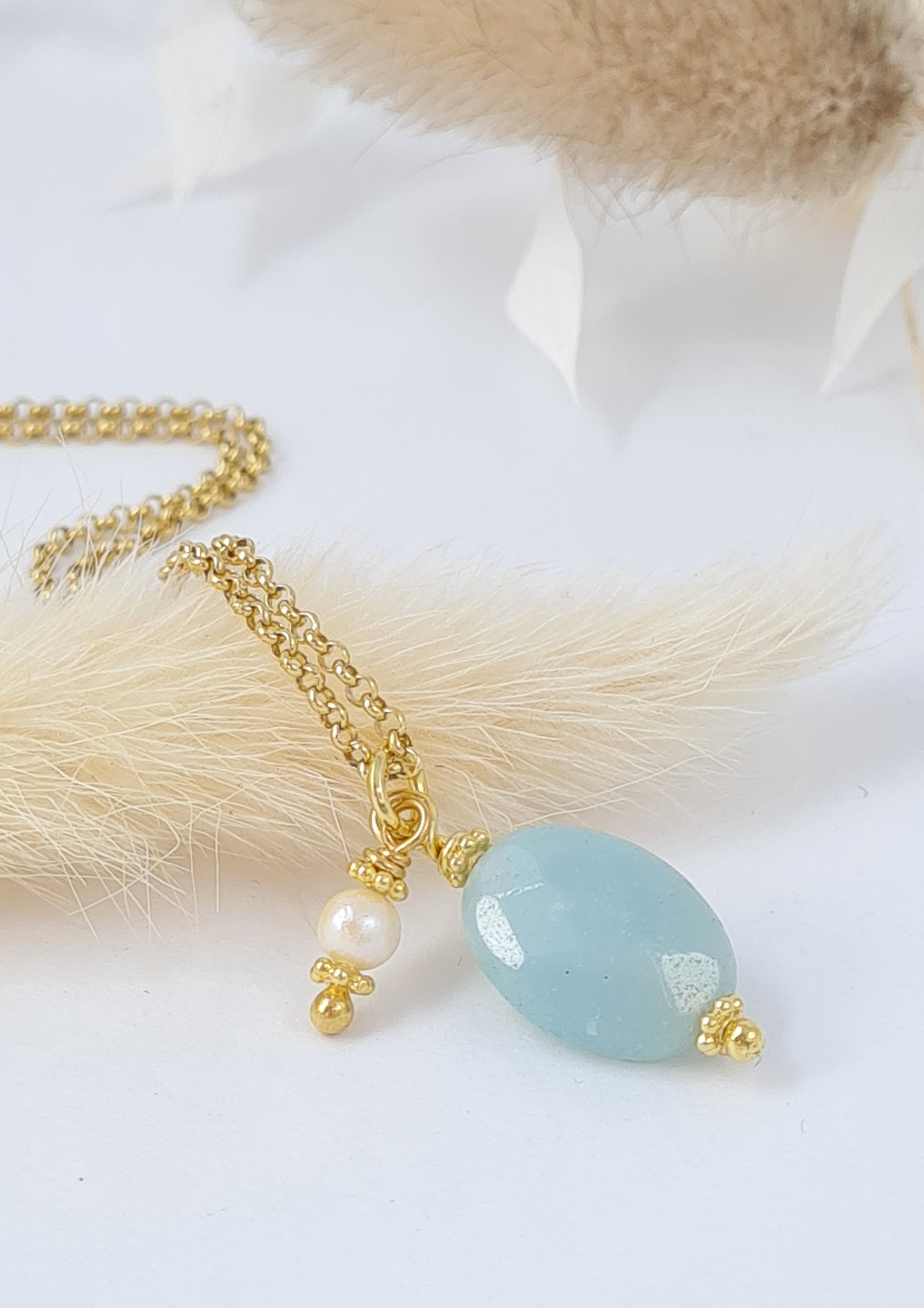 Lange vergoldete Silberkette 925 mit Amazonit & Perle | 60 cm (DHS 112)