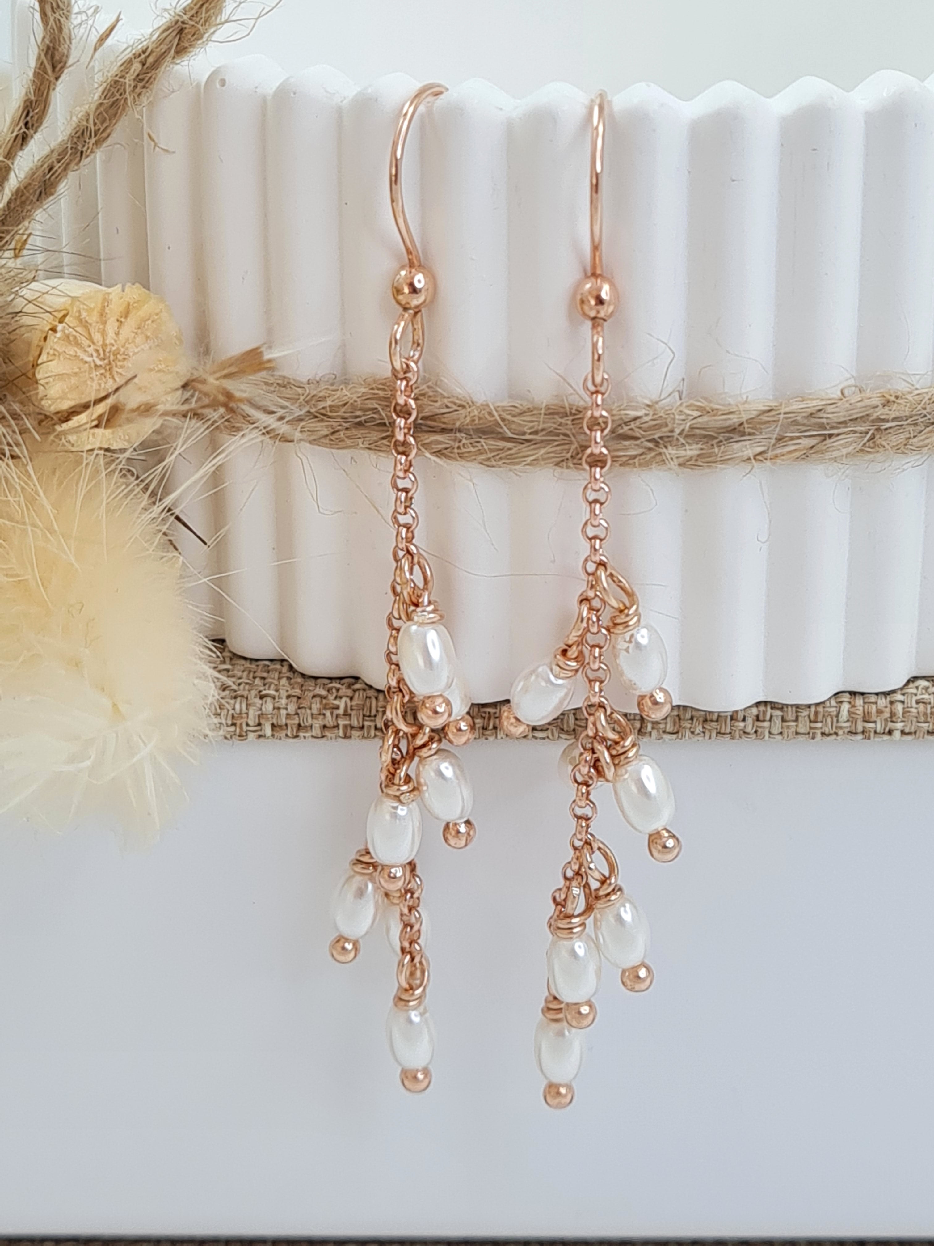 Lange Roségold Ohrringe mit Perlen – Sterling Silber 925 * (DOS 155)