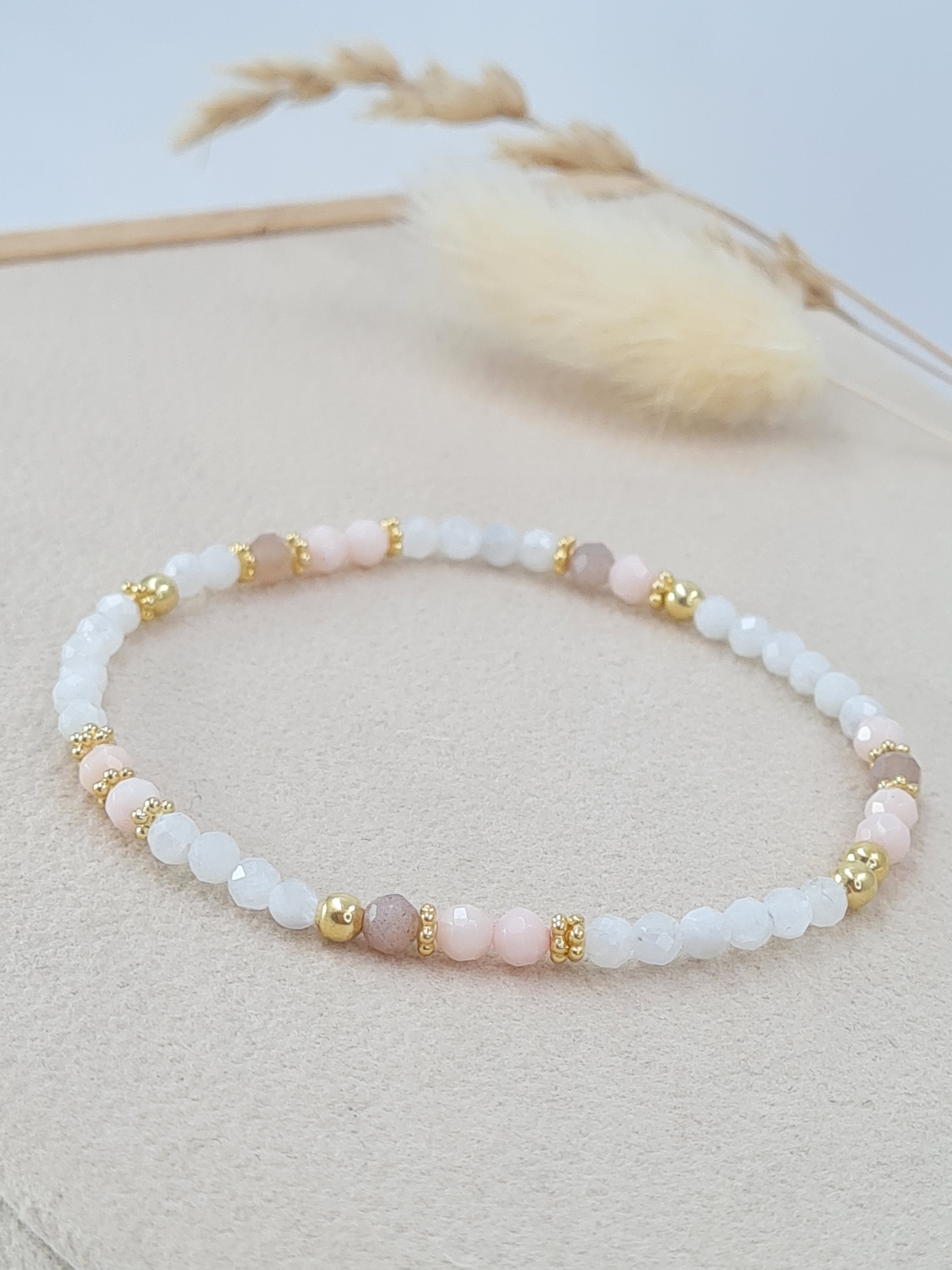 Edelstein Armband Mondstein Koralle | 925 Silber vergoldet * (DAB 303)