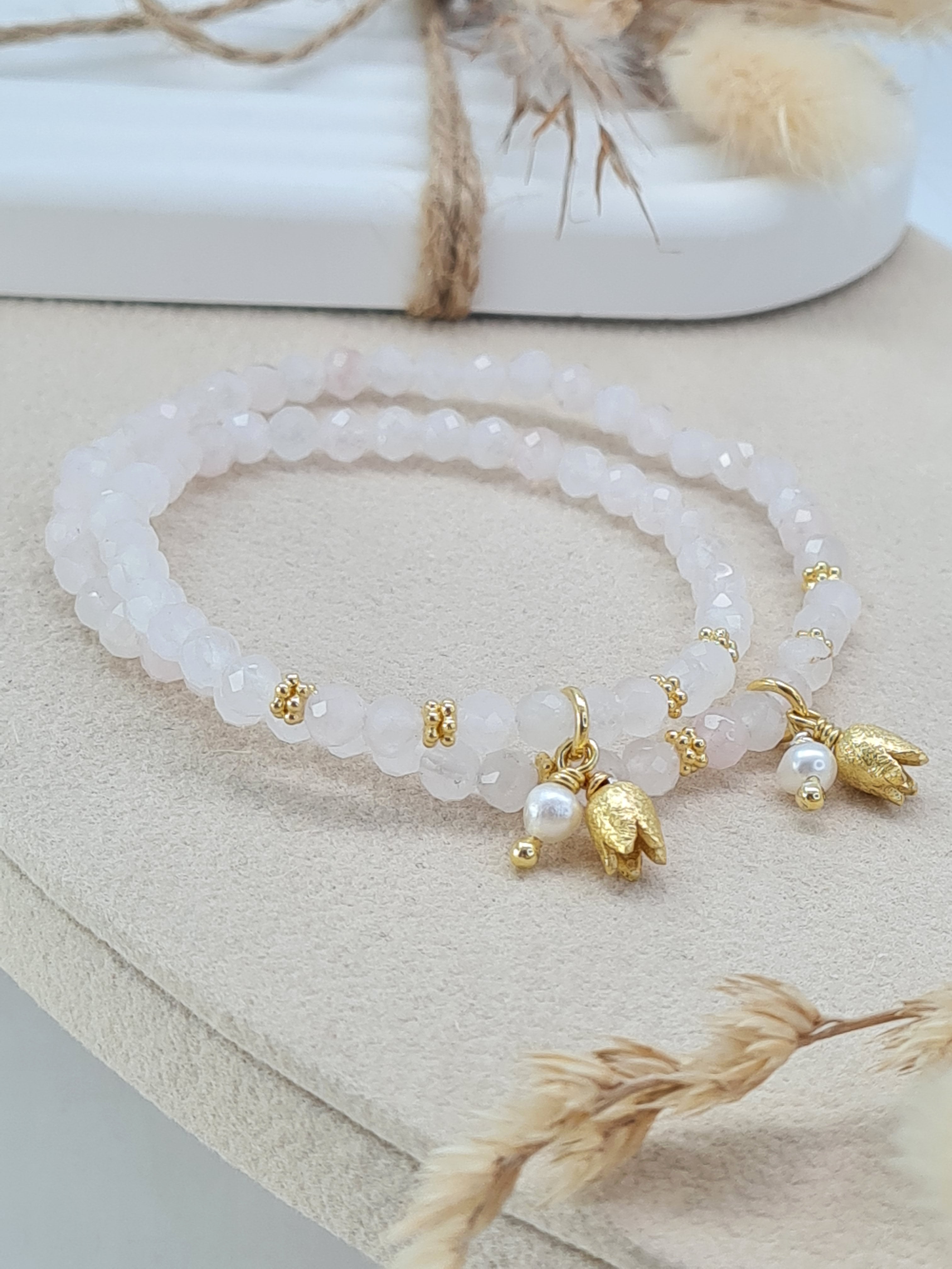 Mutter Tochter Armbänder Rosenquarz | Vergoldet & Elastisch (MT 33)